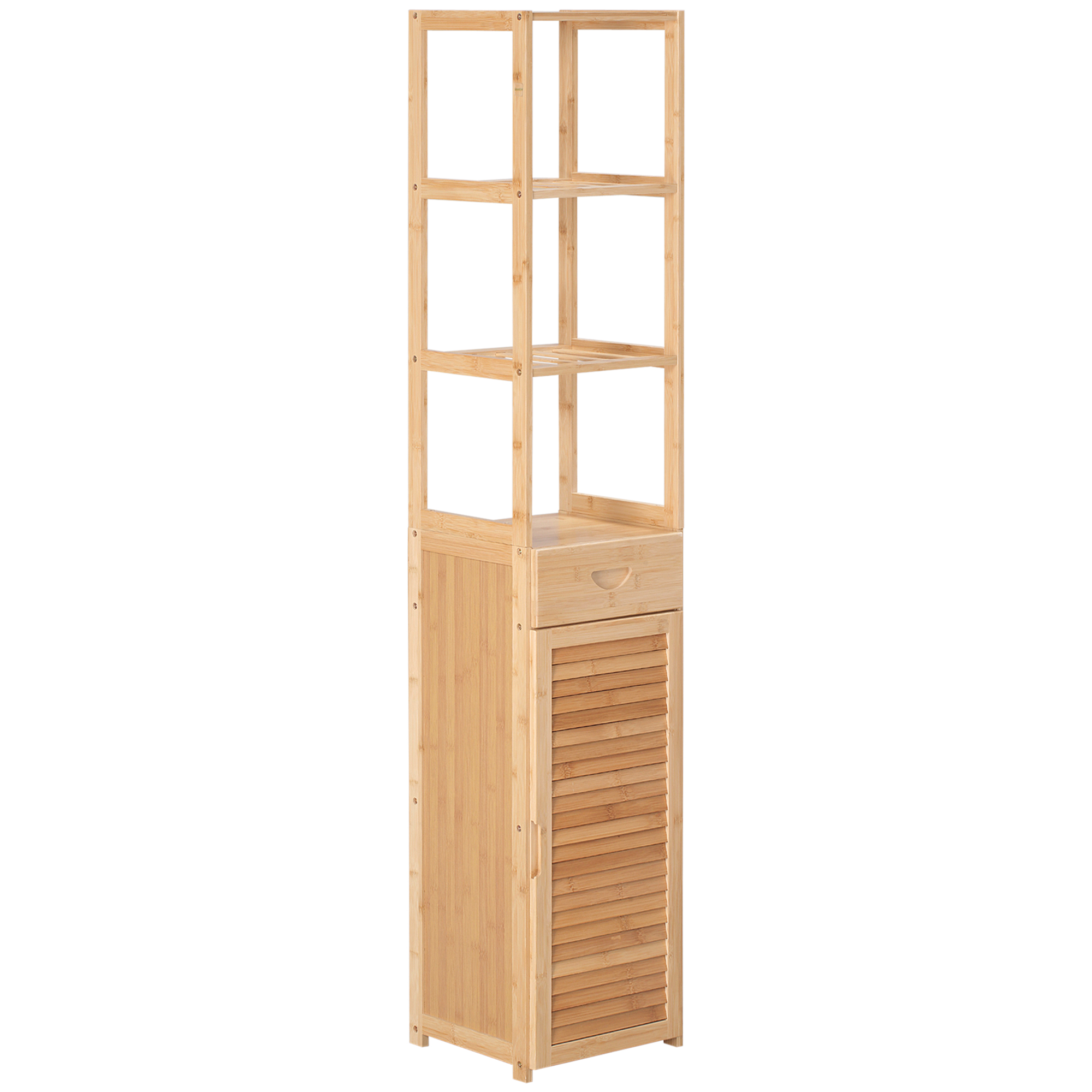 Hoher Badezimmerschrank Aus Bambus Mit 3 Offenen Regalböden, 1 Schublade Und 1 Schrankfach, 32 X 30 X 163 Cm, Holzoptik
