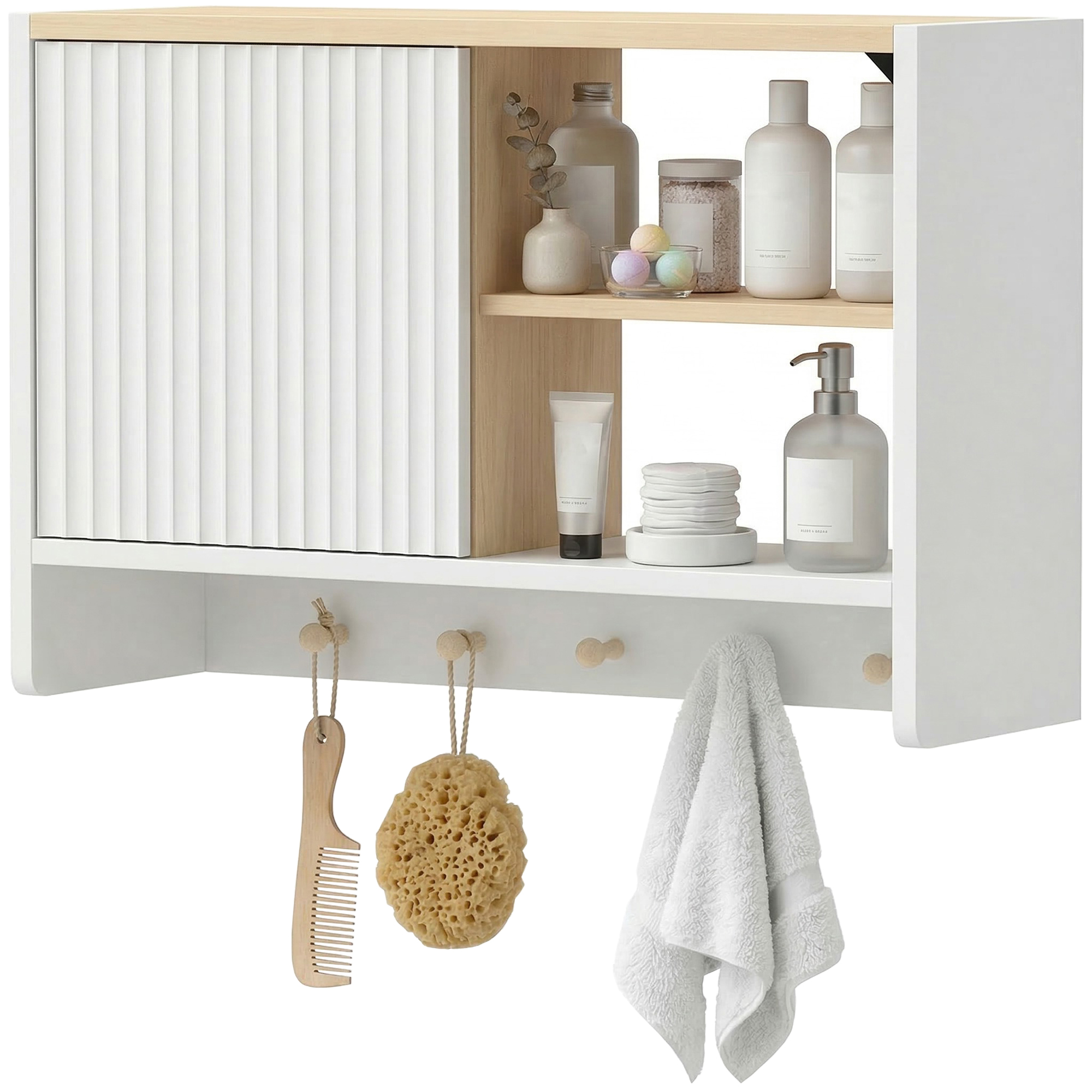 Wandmontierter Badezimmerschrank Mit Tür, Regalböden Und 5 Haken