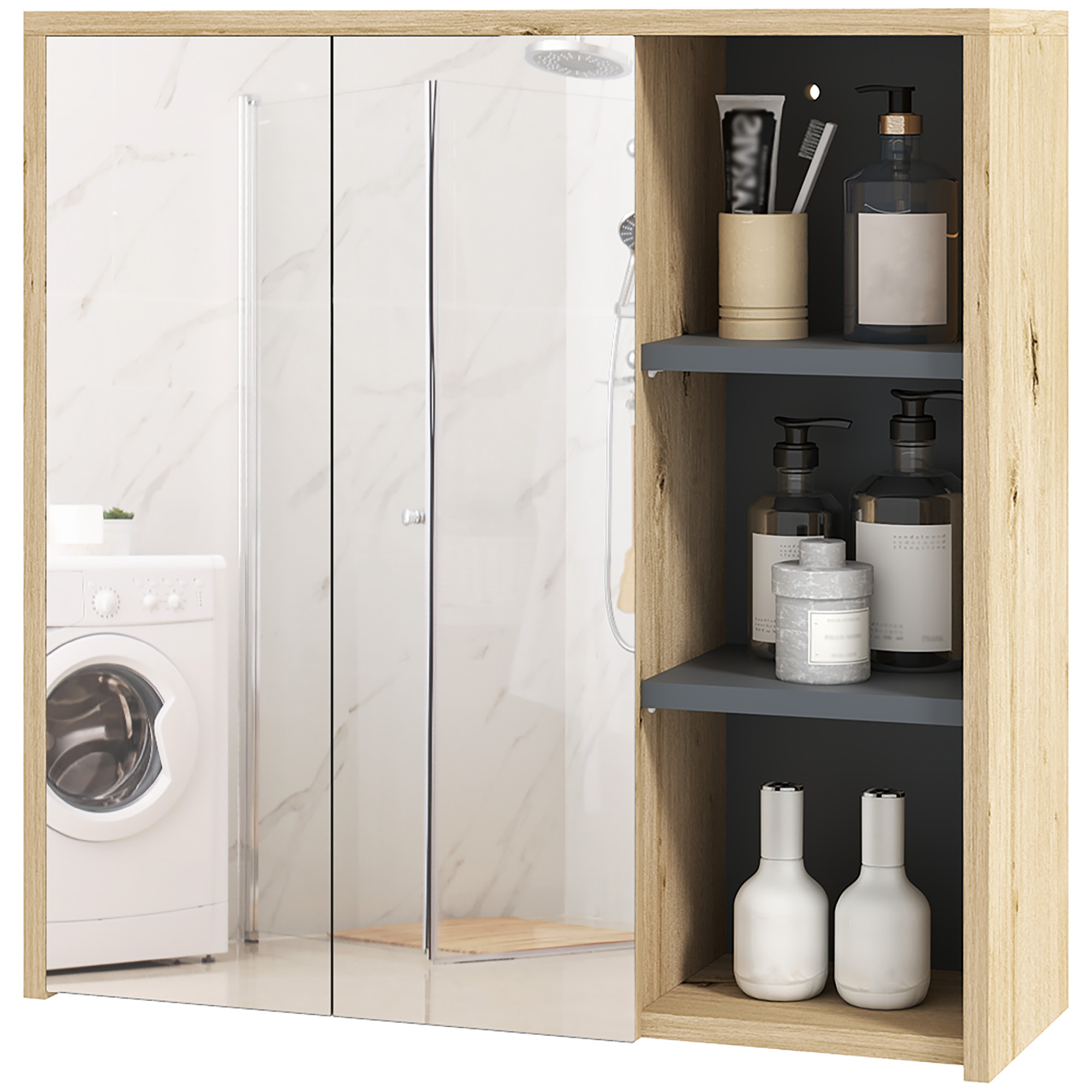 Wandmontierter Spiegelschrank Für Badezimmer Mit 3 Ablagen, 60 X 20 X 60 Cm, Naturholz