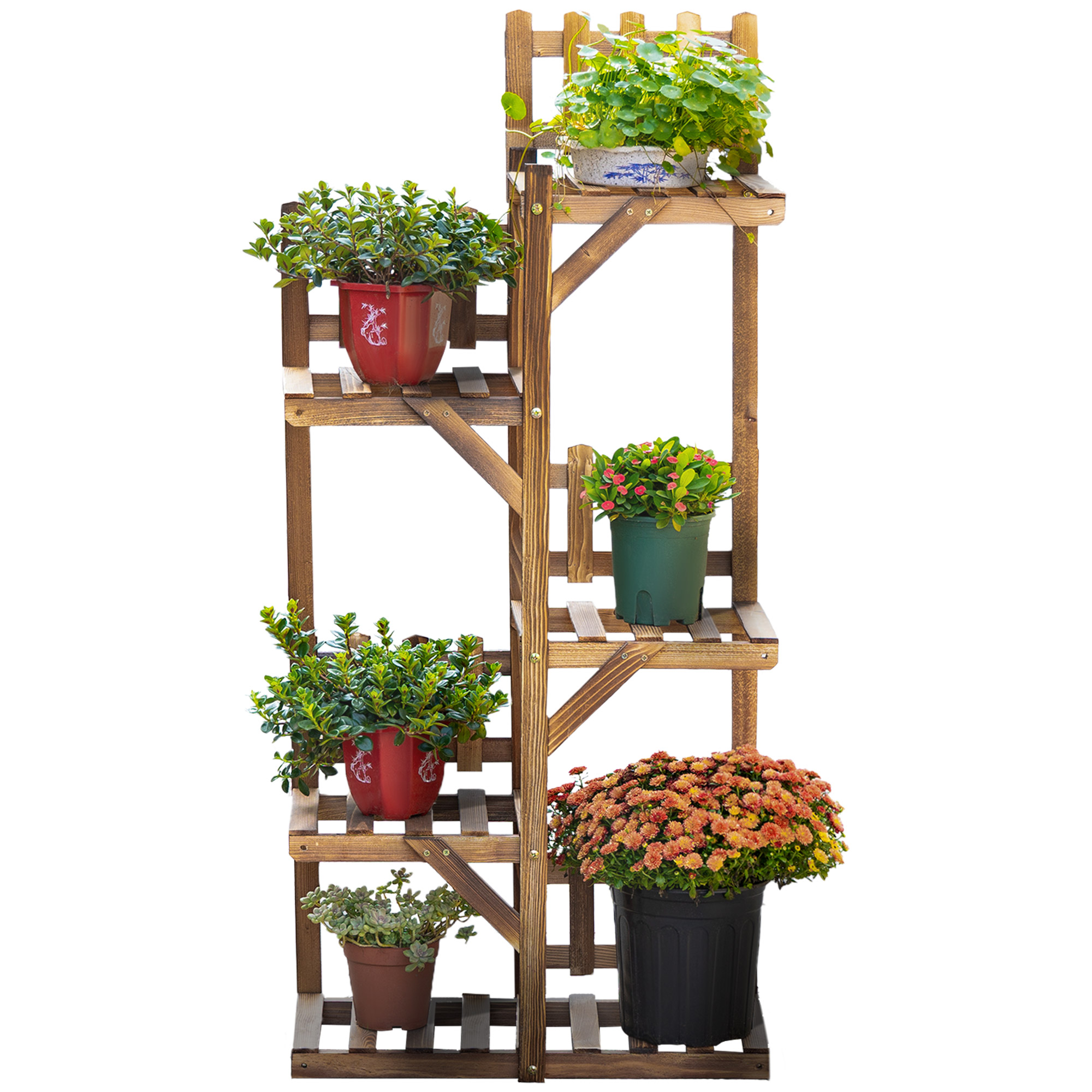 Blumenregal Aus Holz Mit 5 Ablagen, 60 X 30 X 130 Cm, Karbonisiertes Tannenholz, Für Den Innenbereich, Garten, Terrasse Und Balkon