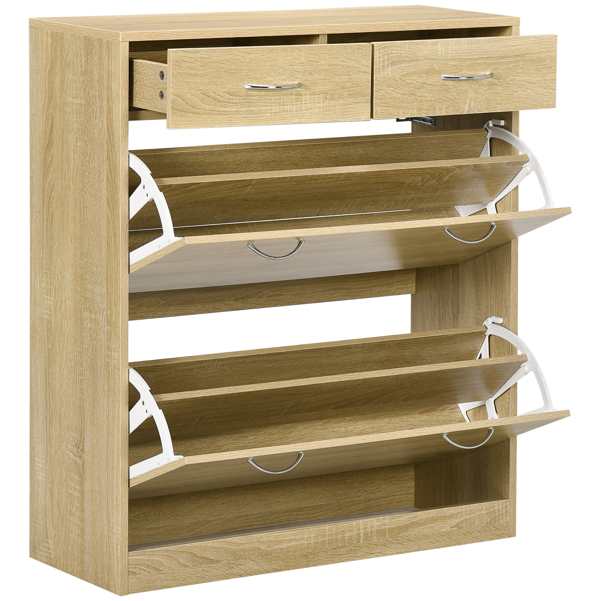 Schuhschrank Mit 2 Schubladen, 2 Klapptüren, Verstellbarem Einlegeboden, 80 X 30 X 91,5 Cm, Griffe Aus Naturbelassenem Aluminium