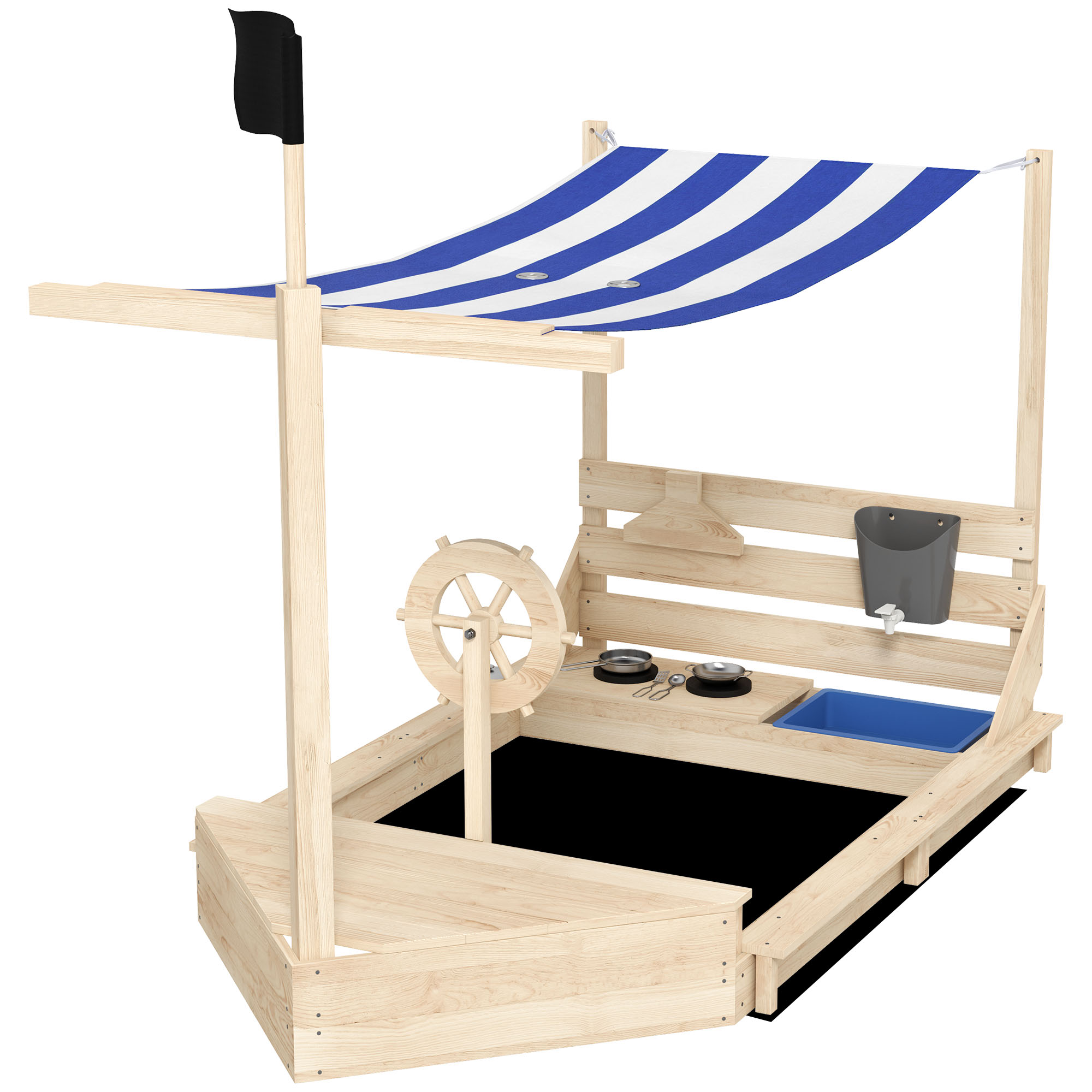 Sandkasten Aus Naturholz Mit 6-teiliger Spielküche, Aufbewahrungskiste, Steuerrad Und Flagge, 180 X 103 X 144,5 Cm
