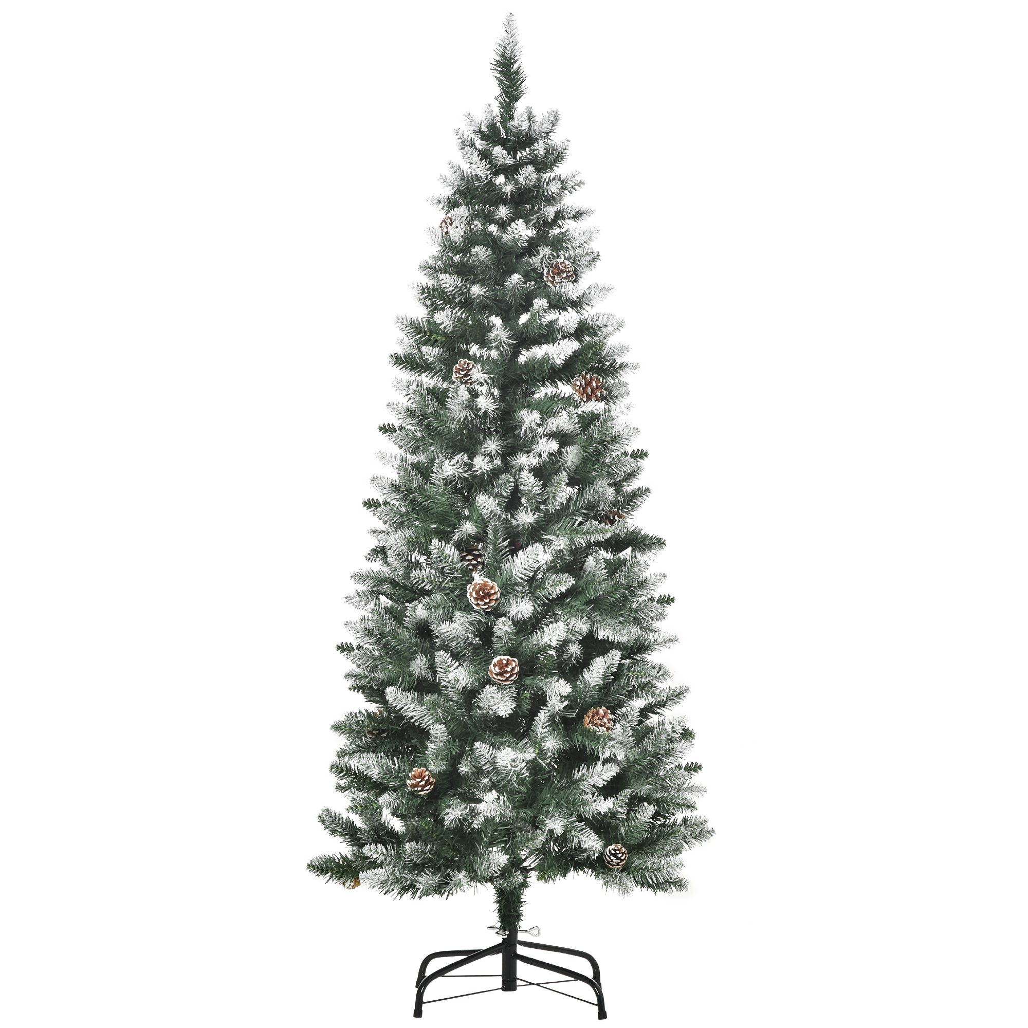 Verschneiter Weihnachtsbaum, 150 Cm, 464 Zweige Und 28 Tannenzapfen, Grün Und Weiß, Kunststoff Und Metall