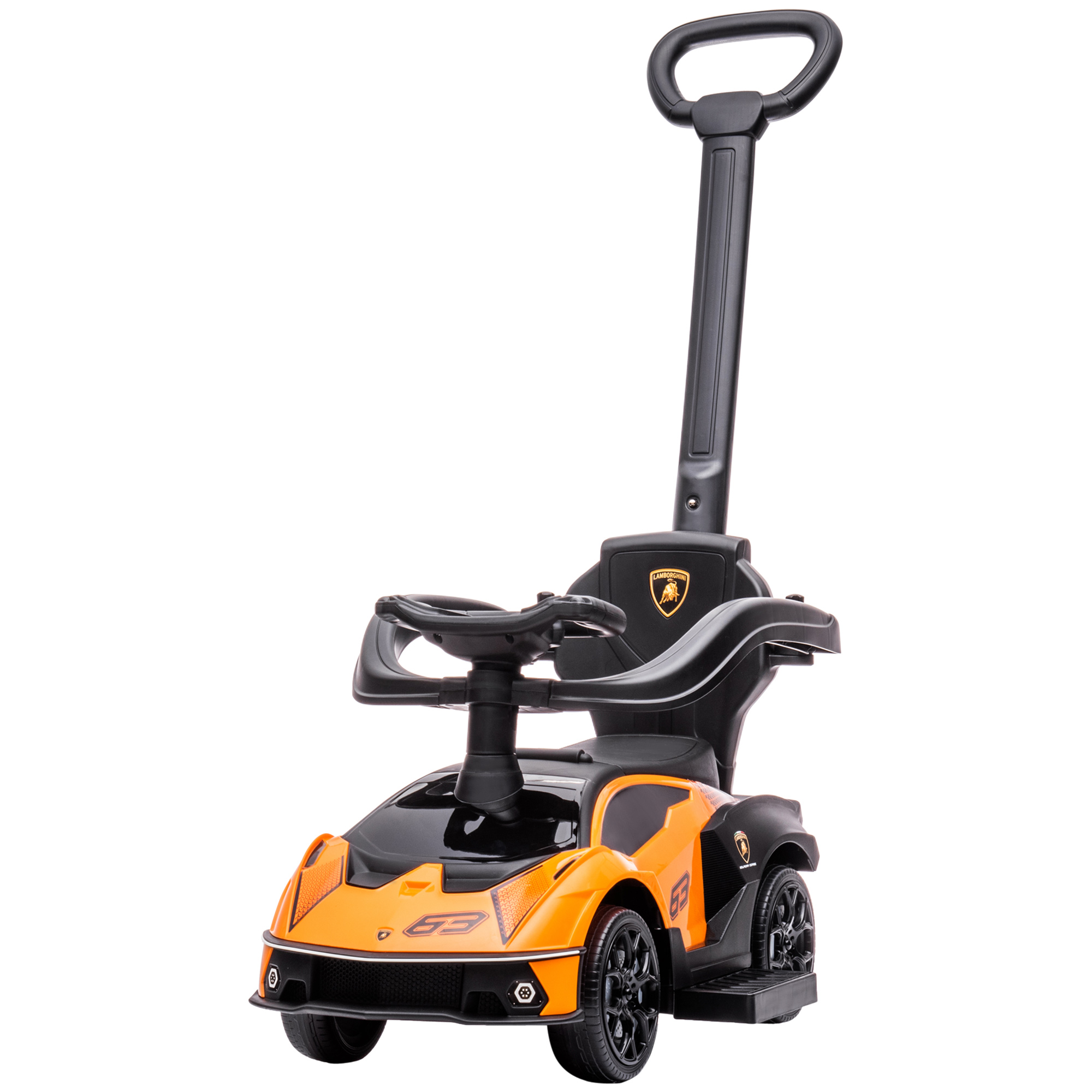 2-in-1 Kinder-elektroauto Mit Schiebegriff Und Sicherheitsbarriere, 86,5 X 40 X 89,5 Cm, Orange Und Schwarz