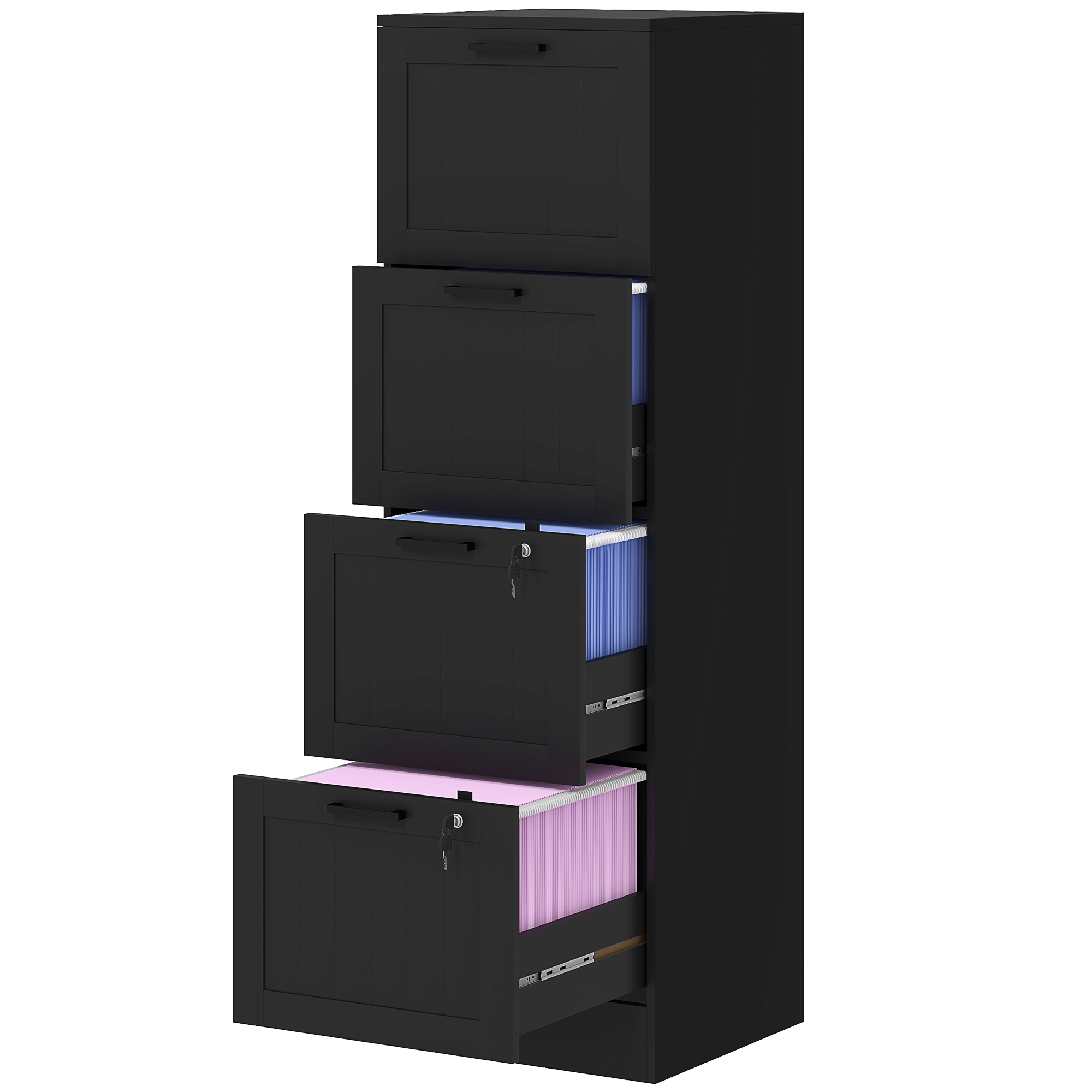 Dokumentenschrank Mit 4 Schubladen, Verstellbarer Schiene Und 2 Schlössern, Aus Holz, 40 X 40 X 131 Cm, Schwarz