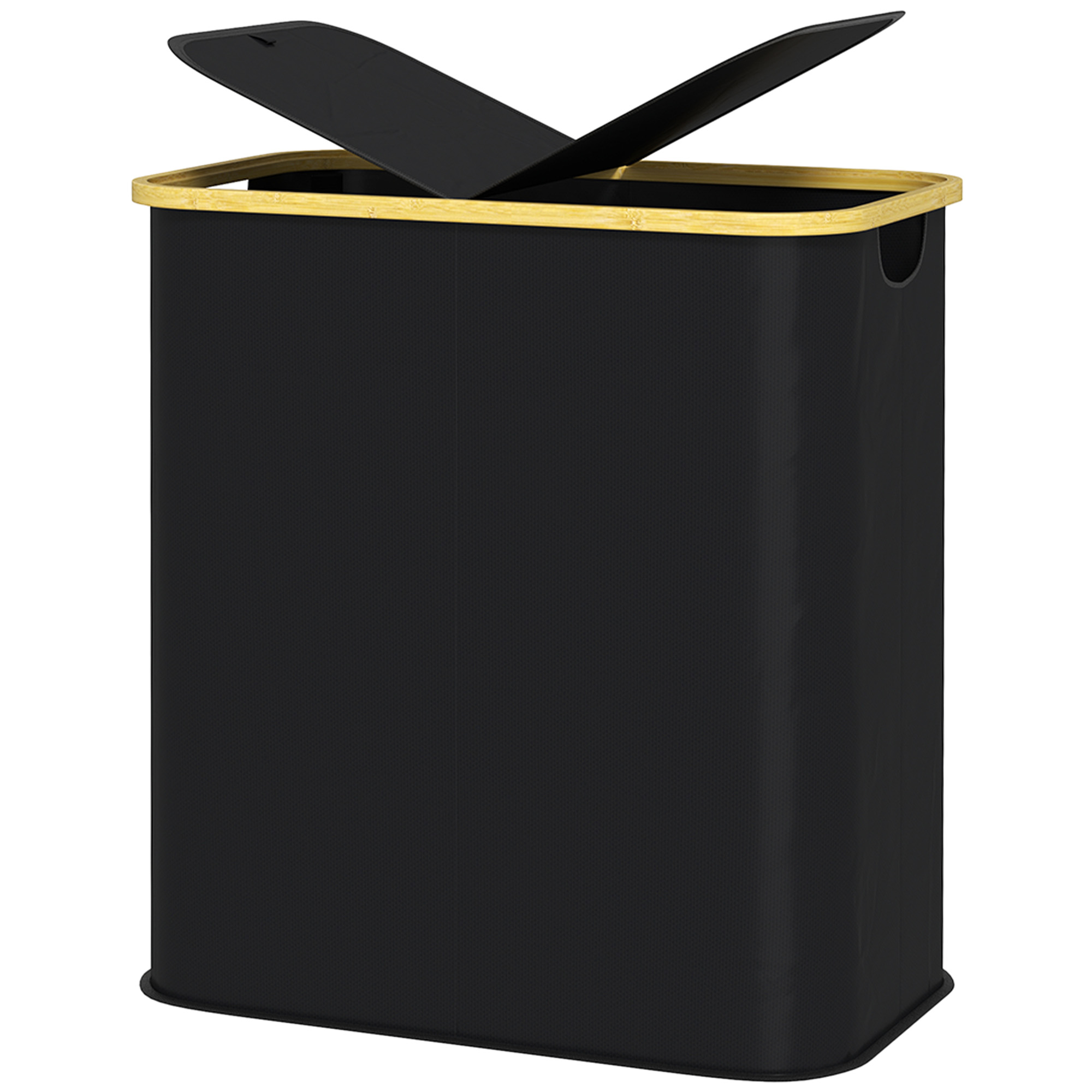 Cesto Portabiancheria 80l 2 Fächer Mit Deckel, Aus Vliesstoff Und Bambus, 54x34x58,5 Cm, Schwarz