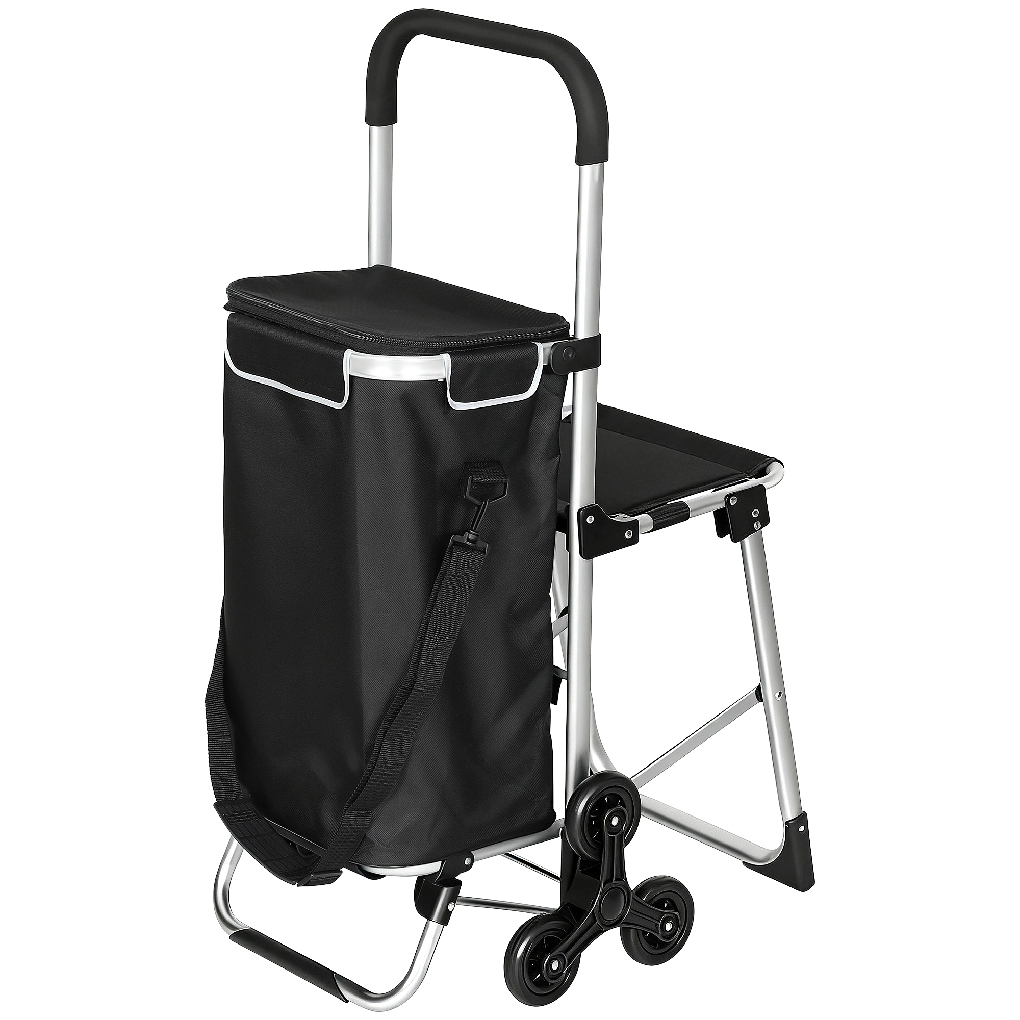 Faltbarer Einkaufswagen, Tragbarer Wagen Mit Rädern, Klappbarem Sitz, Abnehmbarer Tasche, 46 X 59,5 X 97 Cm, Schwarz