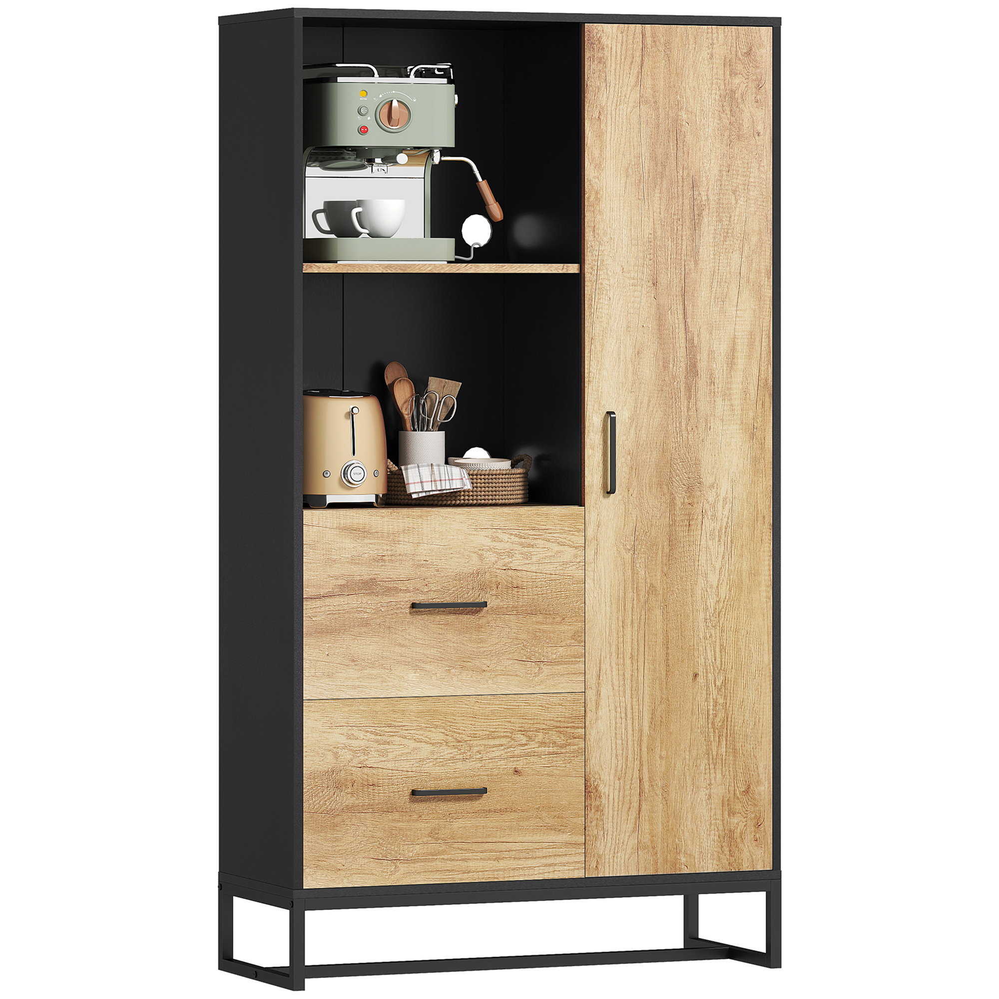 Modernes Küchen-sideboard, 2 Schubladen, 2 Ablagen, 1 Schrankfach, 88 X 35 X 160 Cm, Holz Und Schwarz
