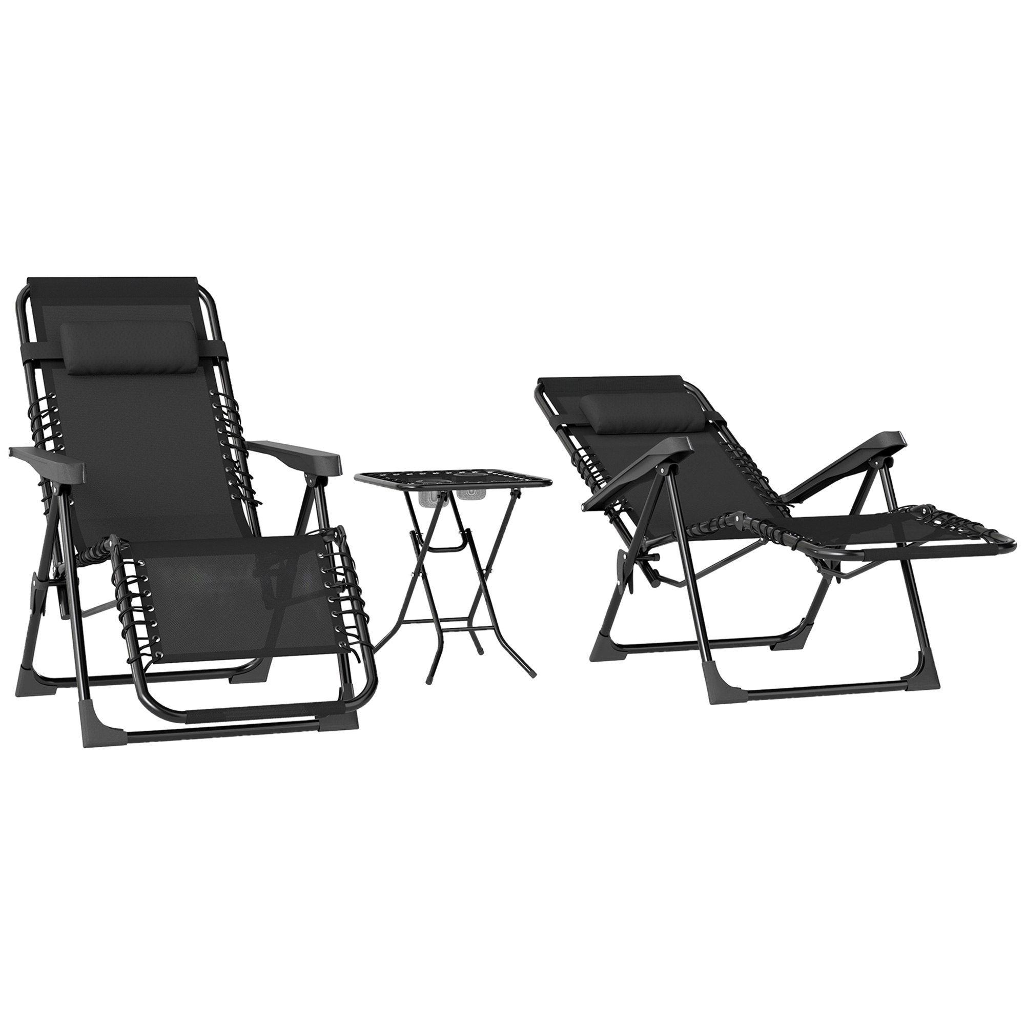 Set Aus 2 Klappbaren Liegestühlen Mit Beistelltisch, Getränkehaltern Und Kopfstützen, Tragkraft 120 Kg, Schwarz