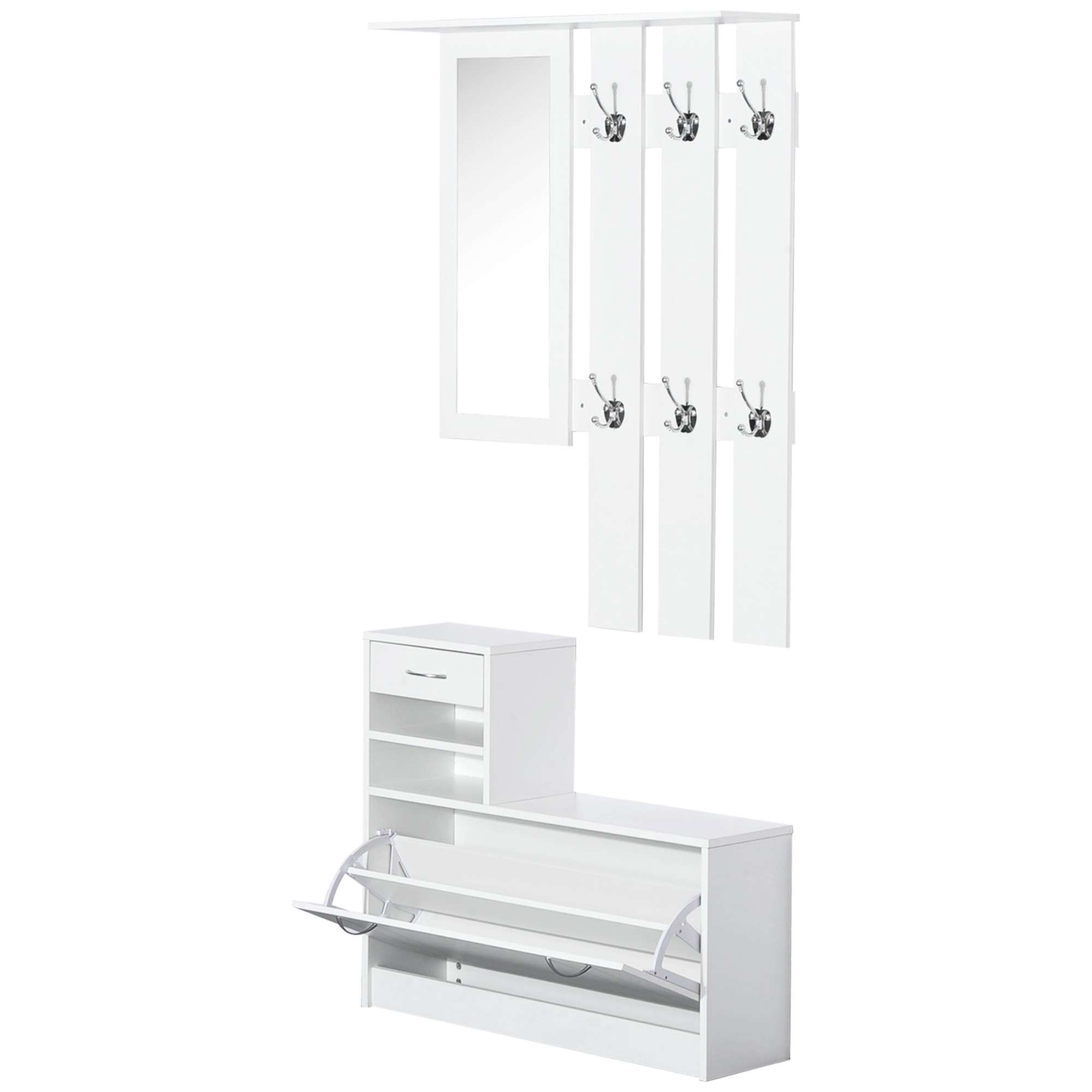 Modernes Garderoben-set Mit Schuhschrank Und Spiegel, Garderobenständer Mit 6 Haken, 2 Verstellbaren Einlegeböden Und Holzschubladen Für Den Flur, 90 X 24 X 166 Cm, Weiß