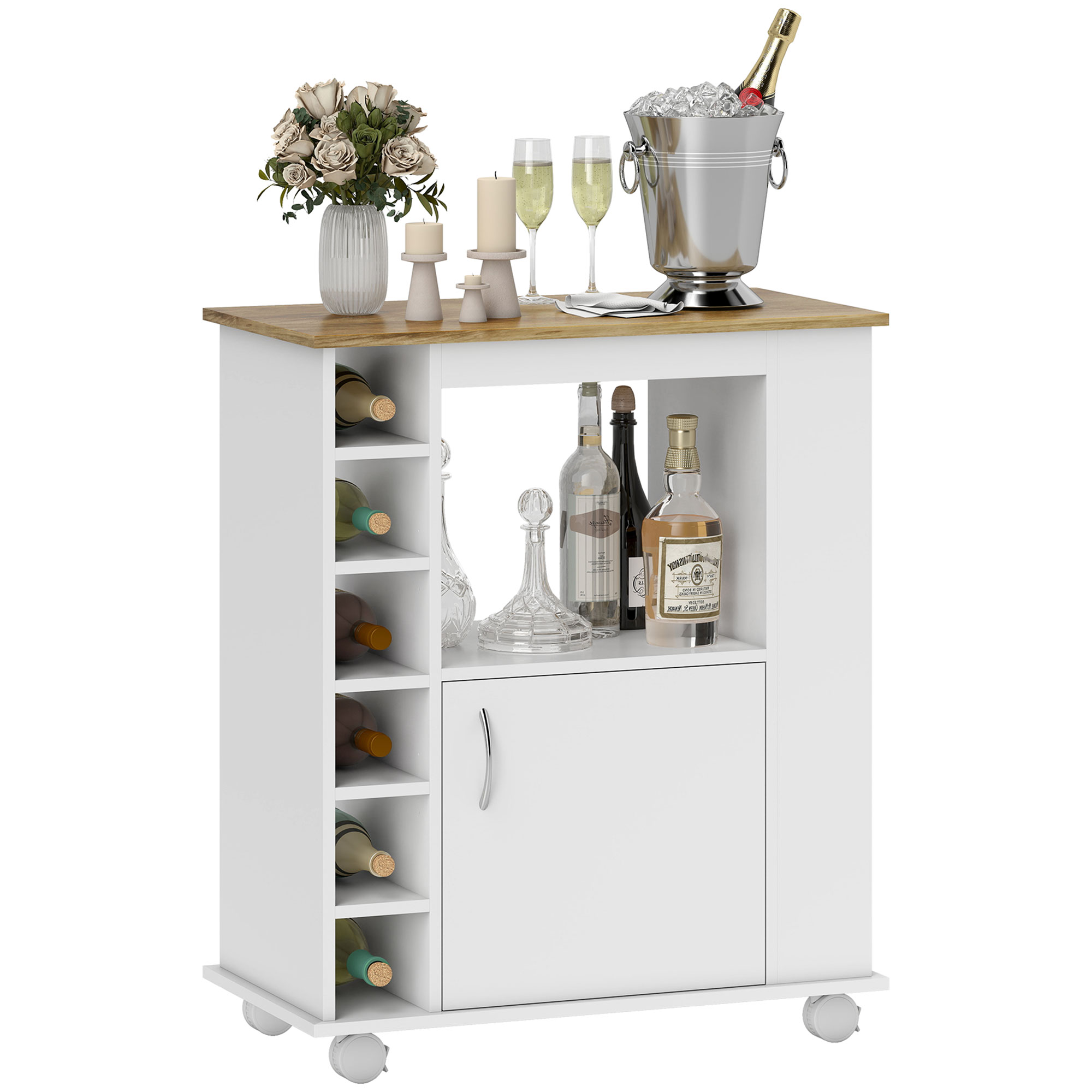 Küchenwagen Mit Schrank Und Verstellbaren Einlegeböden, Schwenkrollen Und Bremse, 75 X 39,5 X 88 Cm, Weiß