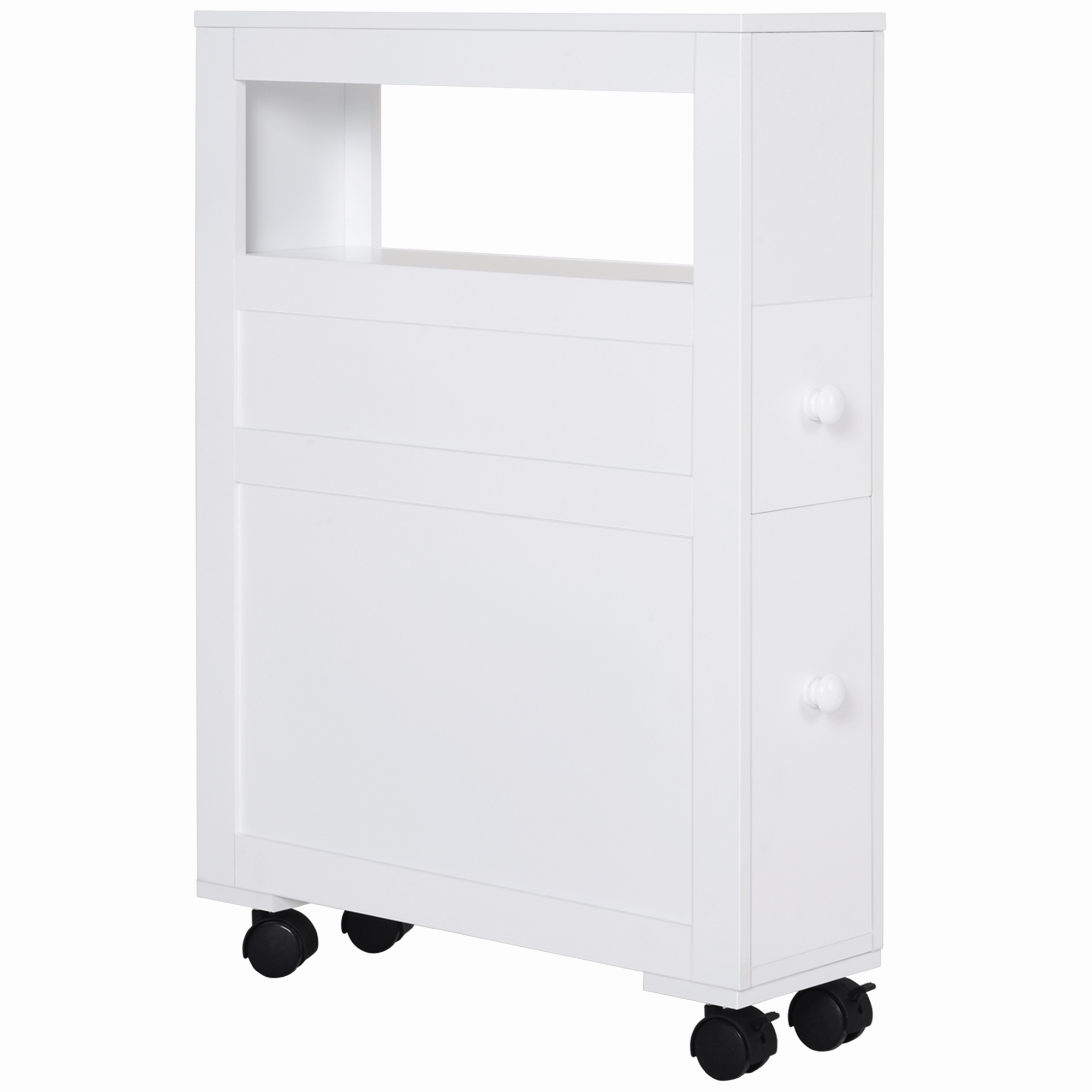 Badezimmerschrank Mit 2 Schubladen, Platzsparend, 4 Rollen, Holz, 16 X 52 X 71,5 Cm, Weiß