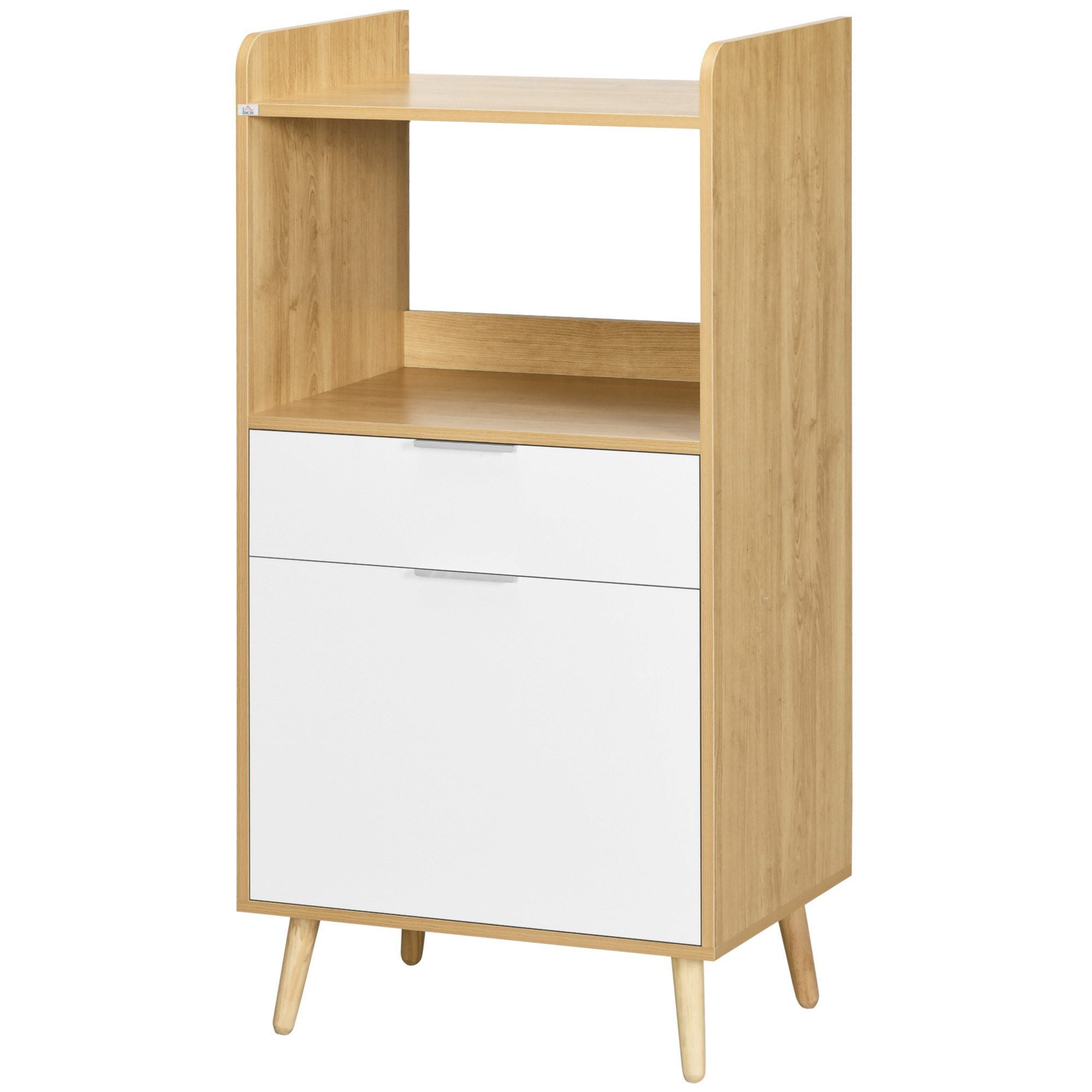 Küchenschrank Mit Mikrowellenfach, Schublade Und Verstellbarem Einlegeboden, 58 X 40 X 118 Cm, Weiß Und Naturfarbenes Holz
