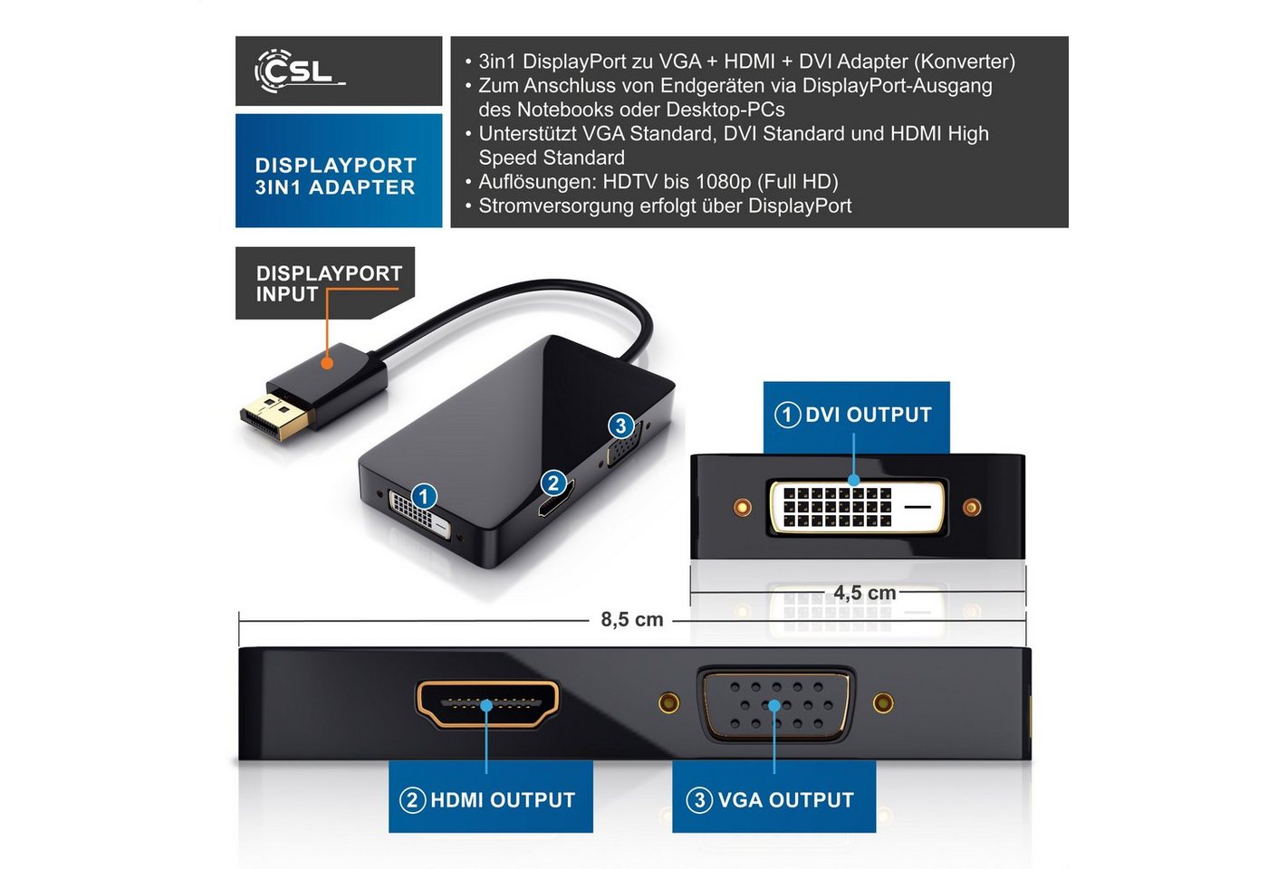 Csl Displayport Stecker Auf Hdmi, Dvi, Vga Video-adapter, 15 Cm, 3in1, Konverter-kabel, Full Hd 1080p Bild 2