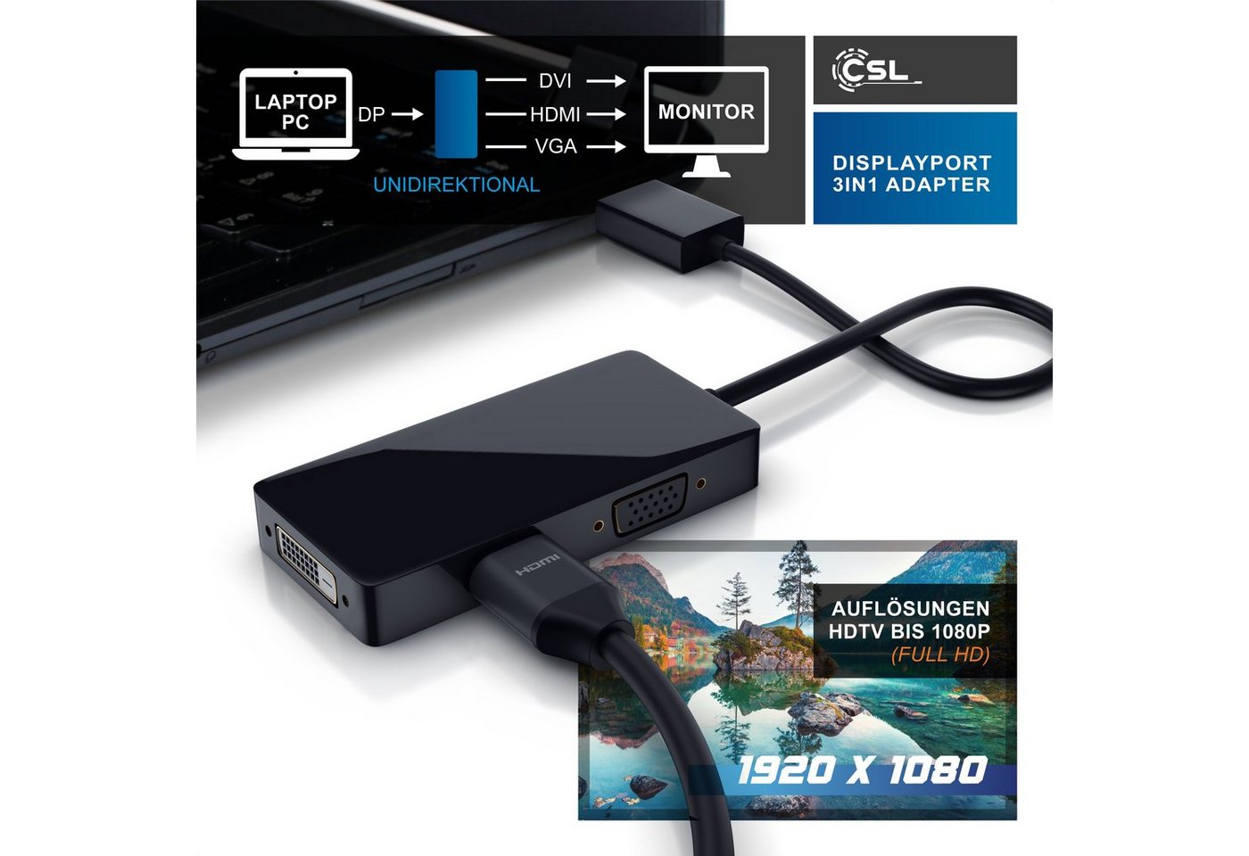 Csl Displayport Stecker Auf Hdmi, Dvi, Vga Video-adapter, 15 Cm, 3in1, Konverter-kabel, Full Hd 1080p Bild 4