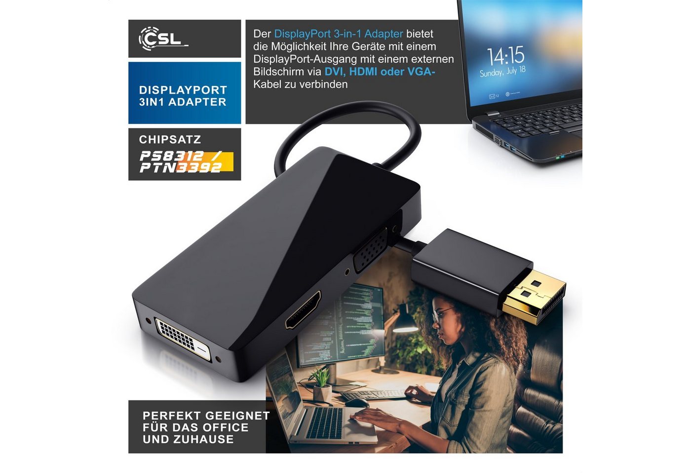 Csl Displayport Stecker Auf Hdmi, Dvi, Vga Video-adapter, 15 Cm, 3in1, Konverter-kabel, Full Hd 1080p Bild 5