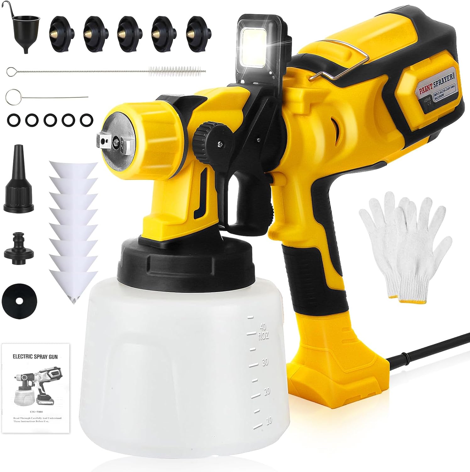 Farbspritzgerät, 850w Hvlp Elektro-farbspritzgerät, 1400ml Tank, 5 Düsen, 45m²-15 Min, Abnehmbare Led-leuchte, Farbspritzgerät Für Decken, Wände Und Zäune