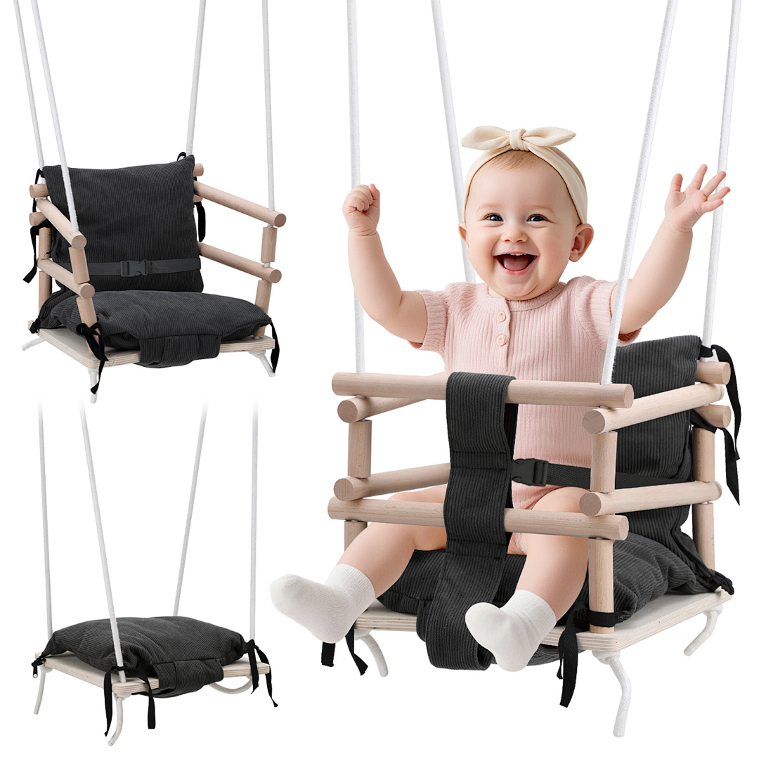Jiubiaz Kinderschaukelsitz Aus Holz Mit Grauem Kissen, Verstellbare Seile, Babyschaukel Ab 12 Monaten