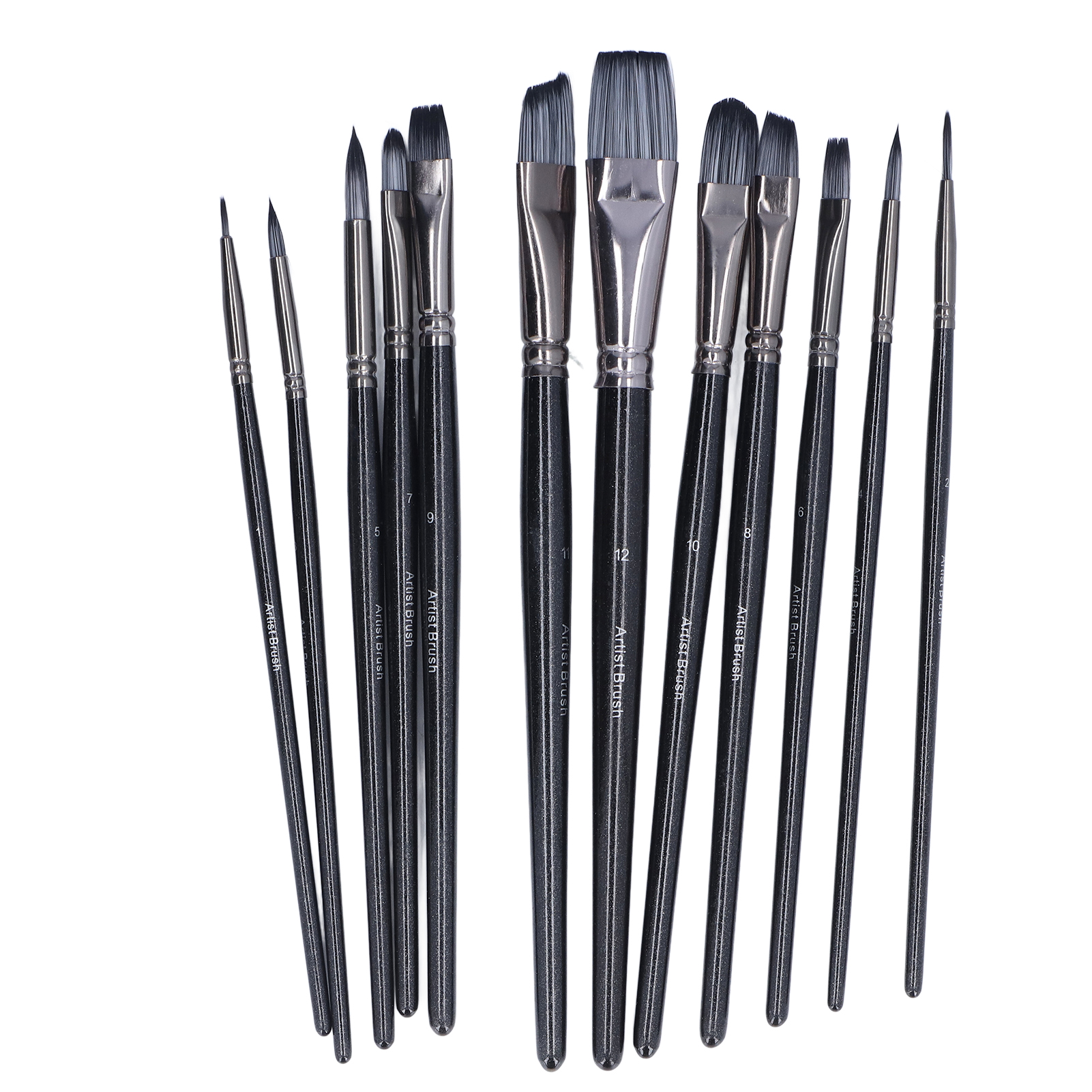 Set Aus 12 Runden, Elastischen Nylonpinseln Mit Hölzernem Pinselhalter Für Die Bildende Kunst.