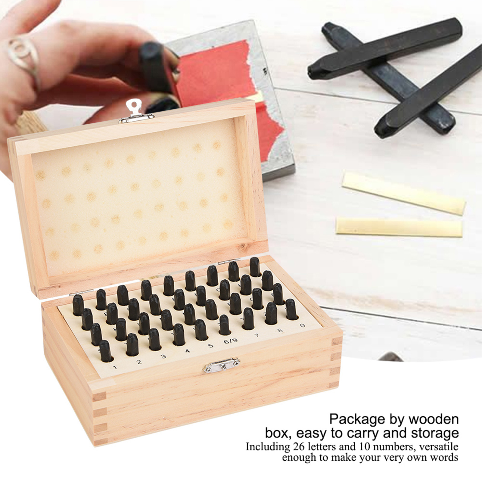 Set Mit 36 4-mm-stahlstempeln Für Buchstaben Und Zahlen, Inklusive Holzbox.
