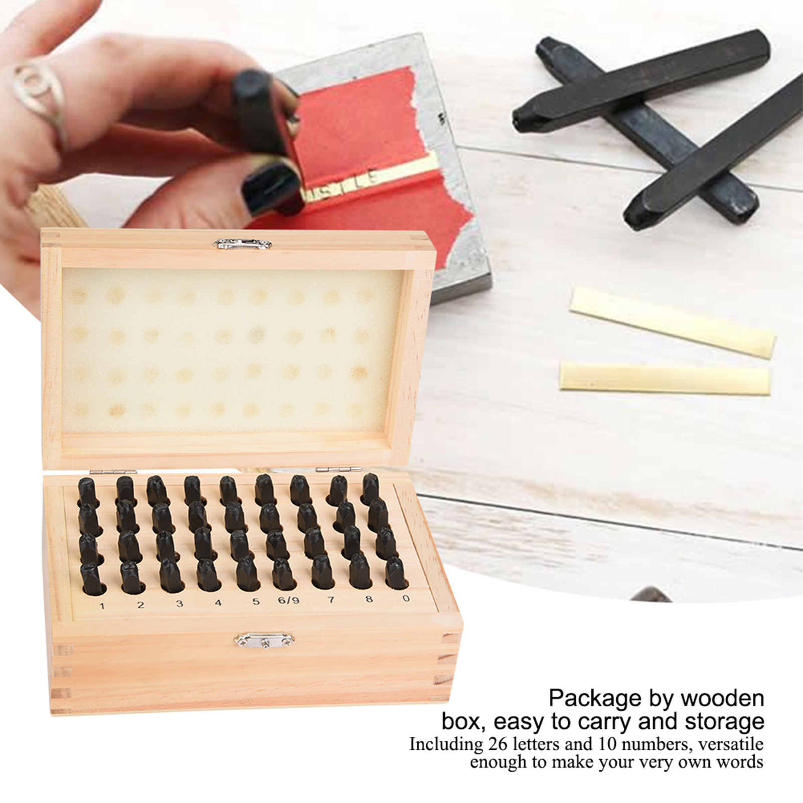 Set Mit 36 Stahlstempeln (5 Mm) Für Buchstaben Und Zahlen, Inklusive Holzbox.