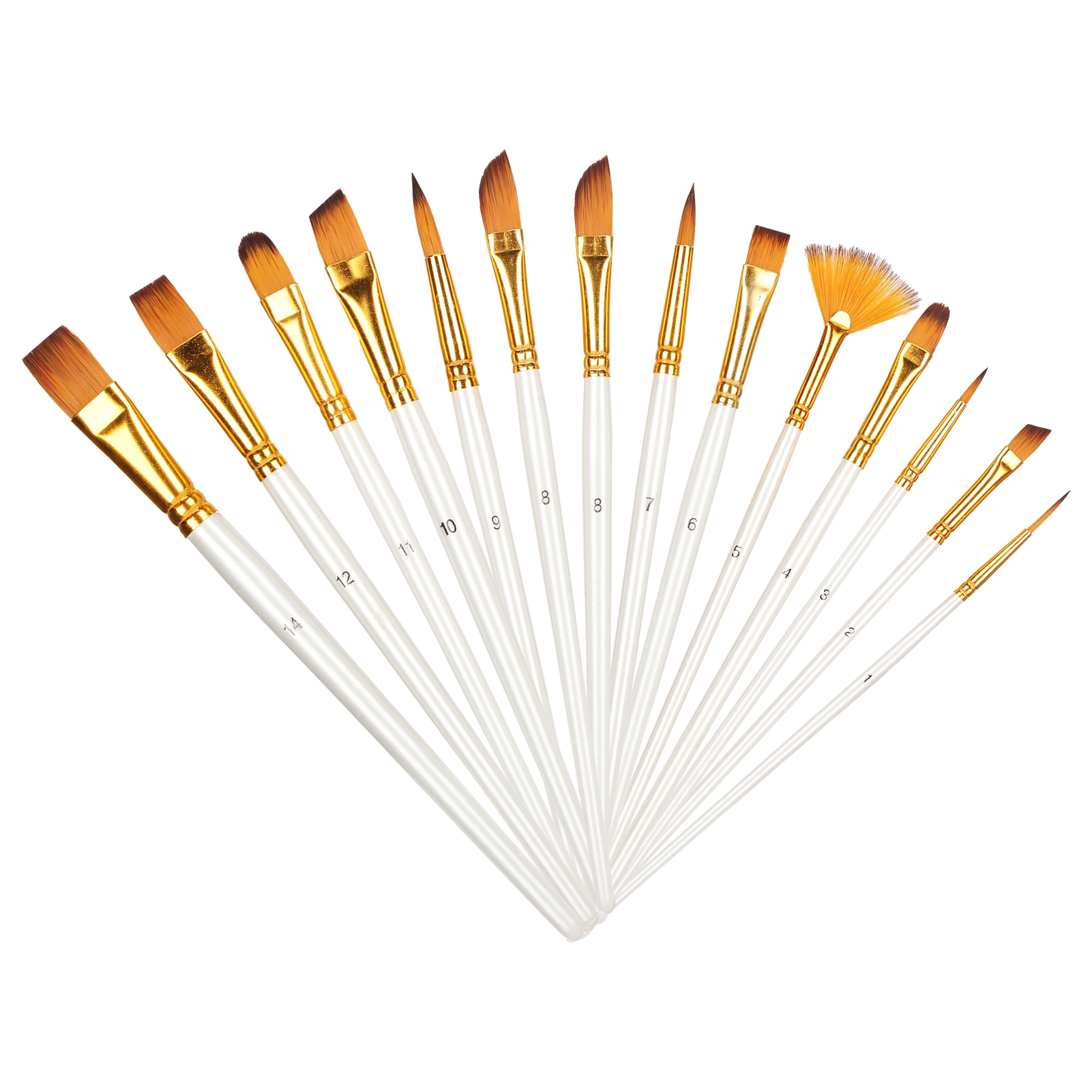Set Aus 13 Nylon-künstlerpinseln, Inklusive Eines Perlmuttweißen Griffs Und Werkzeugen Für Aquarell- Und Acrylfarben.