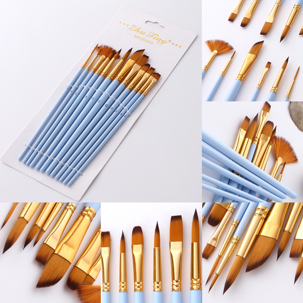 Set Mit 12 Matten Blauen Nylon-gouachepinseln Für Aquarell- Und Ölmalerei.