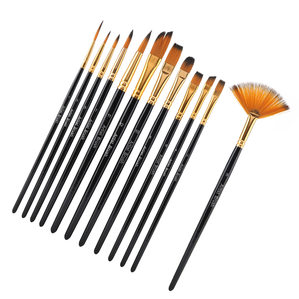 Set Mit 12 Pinseln Mit Schwarzen Holzgriffen Und Nylonborsten Zum Malen, Für Aquarellmalerei Und Bastelarbeiten