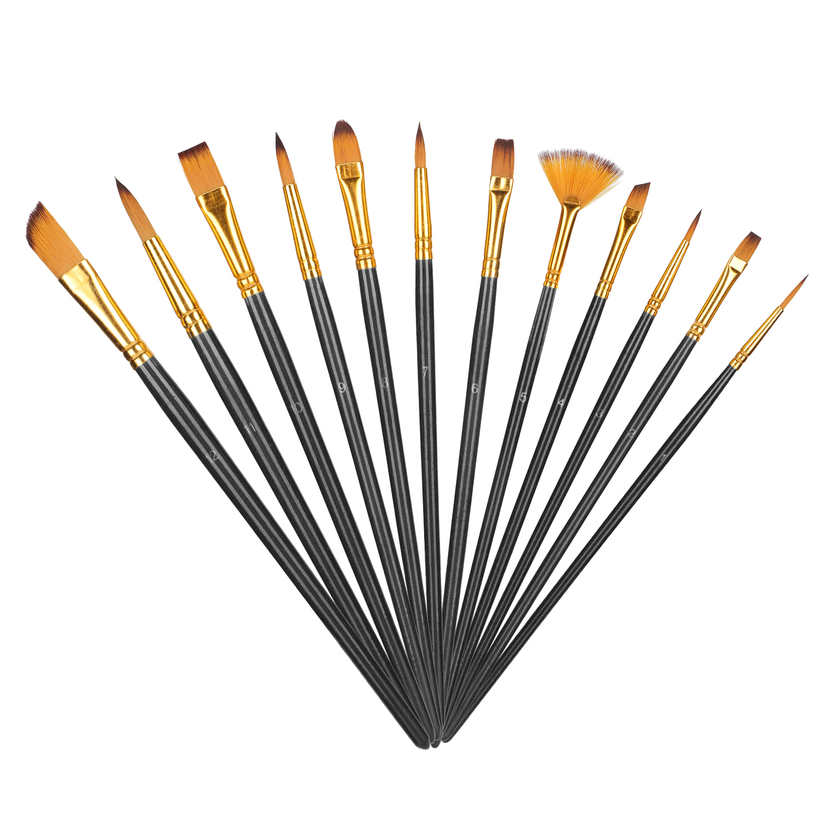 Set Mit 12 Nylonpinseln Für Öl-, Acryl-, Aquarell- Und Gouachemalerei, Schwarz