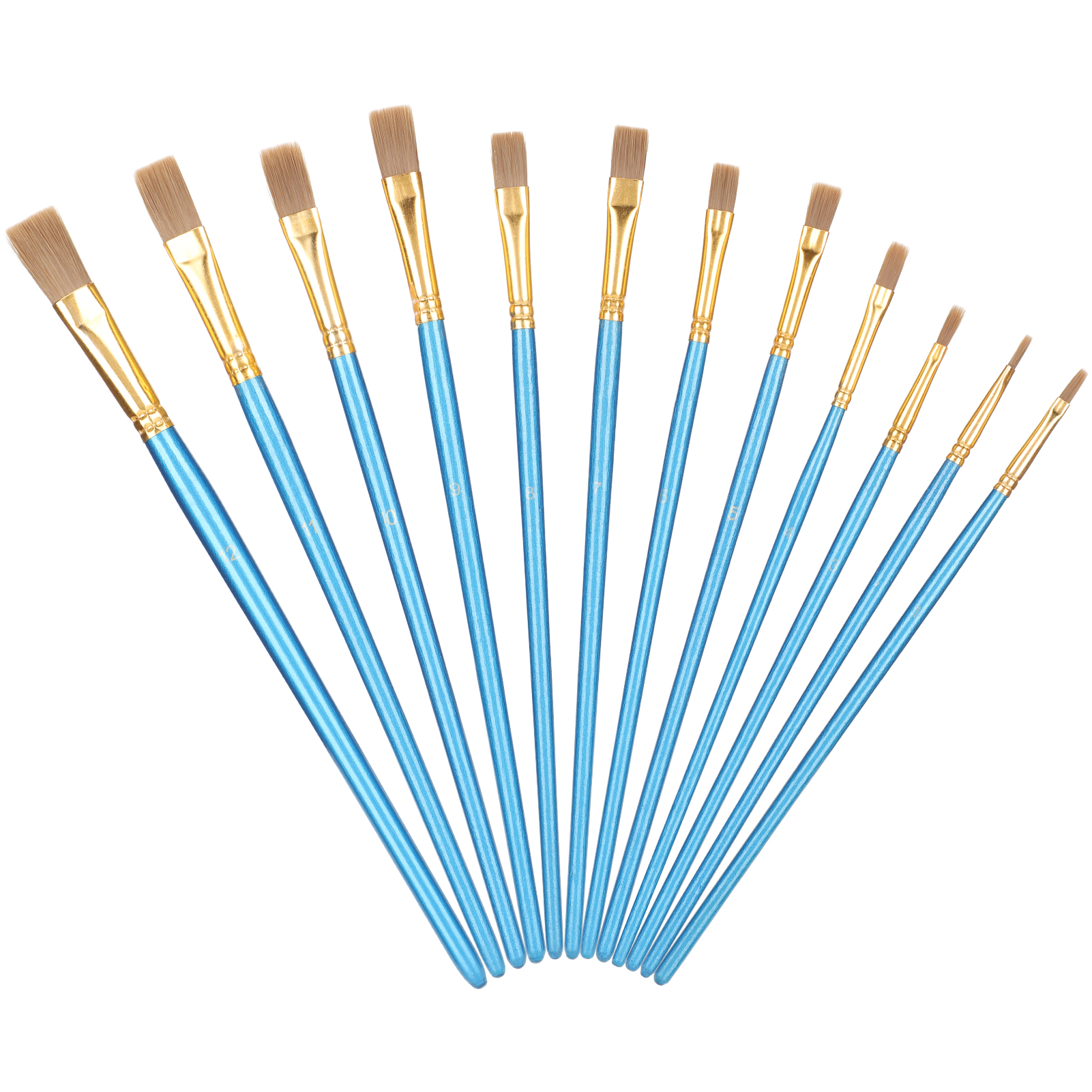 Set Mit 12 Flachen Pinseln Aus Nylon Und Blauer Wolle, Mit Holzgriffen Und Aluminiumhülsen, Farbstift