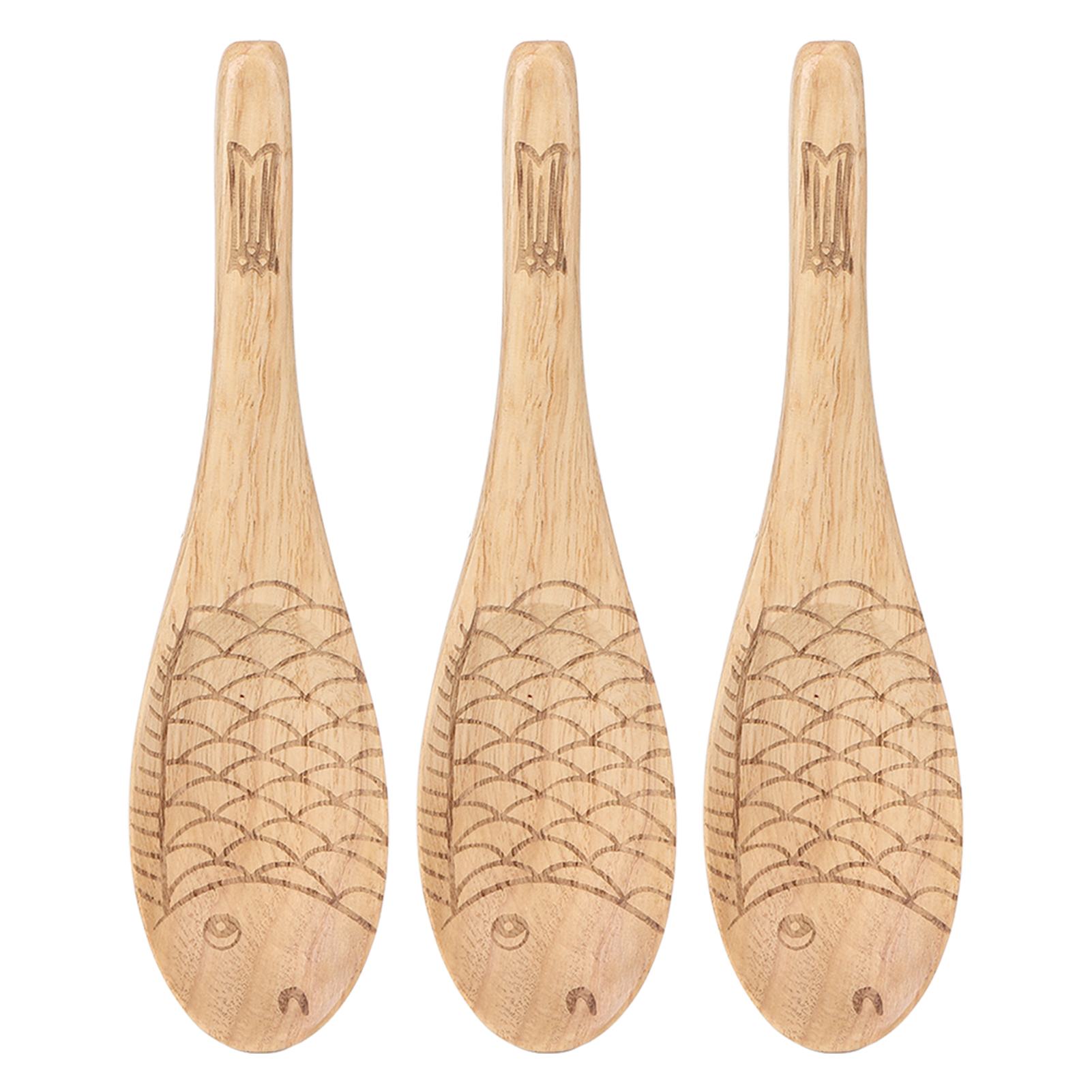 Set Aus 3 Löffeln Aus Naturholz, Handgraviert, Fischmuster, Glänzende Und Strapazierfähige Oberfläche.