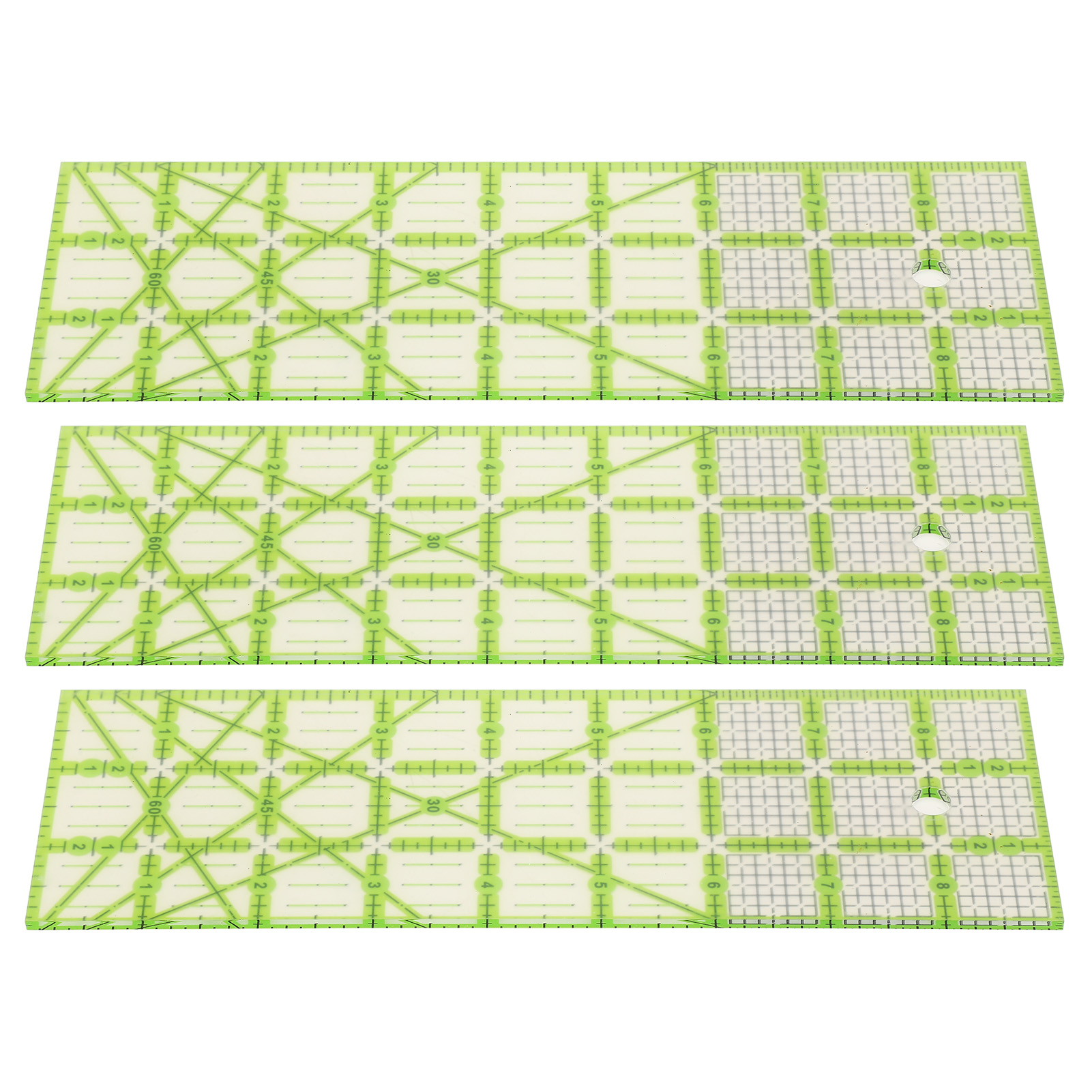 Set Aus 3 Rechteckigen Quiltlinealen Von 23 Cm (9 Zoll) Länge Mit Zolleinteilung, Grünen Hilfslinien Und Aus Transparentem Acryl Für Ihre Nähprojekte.