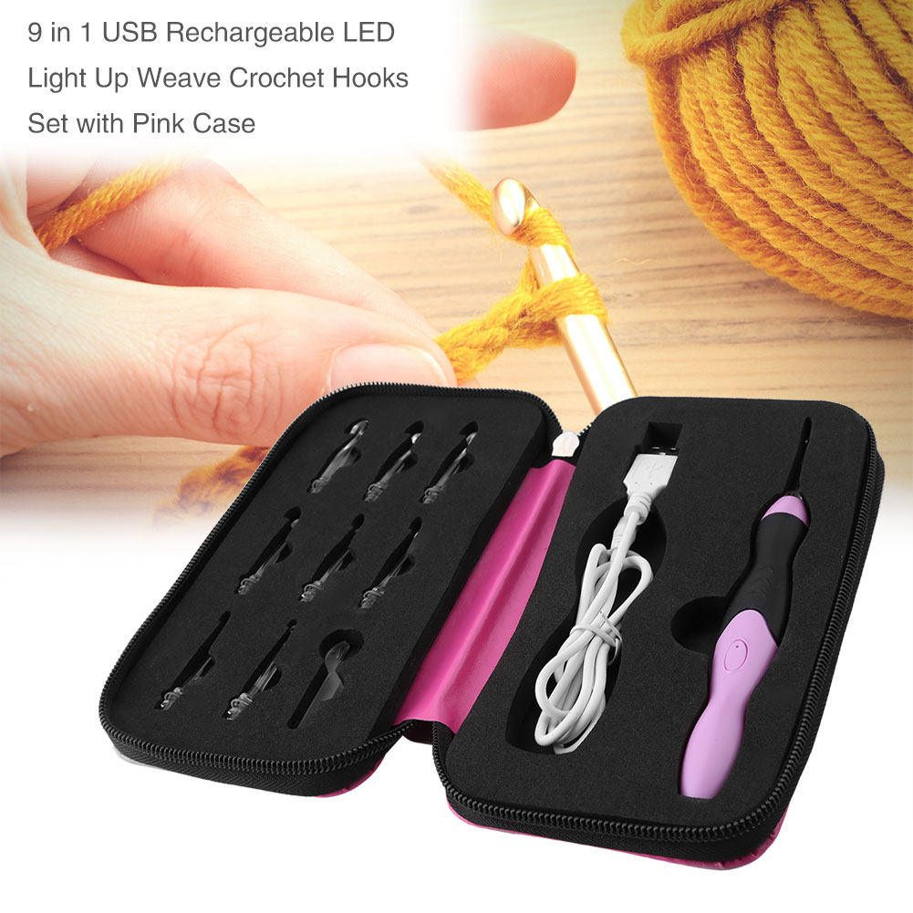 Set Mit 9 Wiederaufladbaren Led-webhaken Mit Usb-anschluss Und Pinkfarbenem Etui