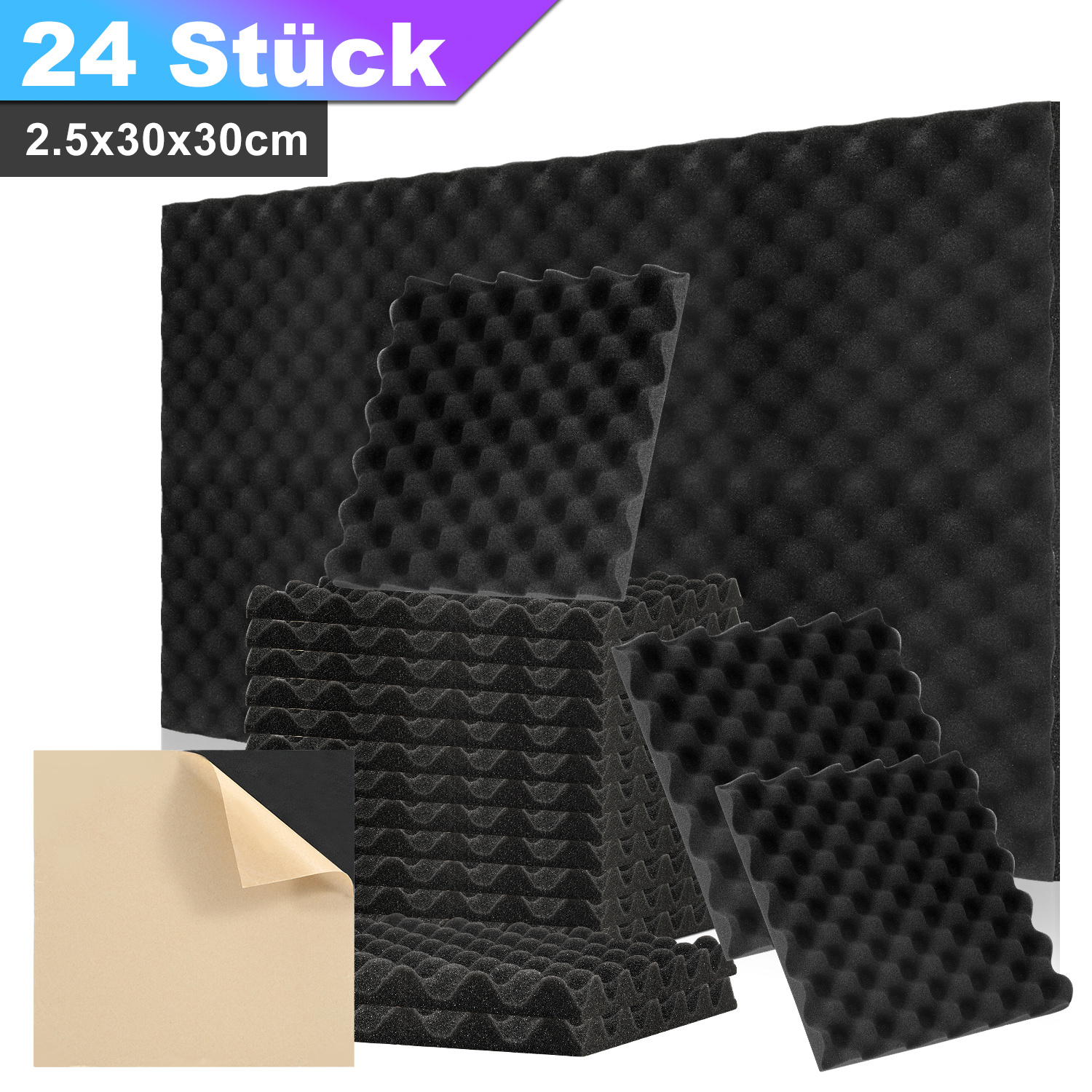 Wolketon Akustikschaumstoff Selbstklebend 24 Stück, Wellenprofil 30x30x2,5cm Schwarz