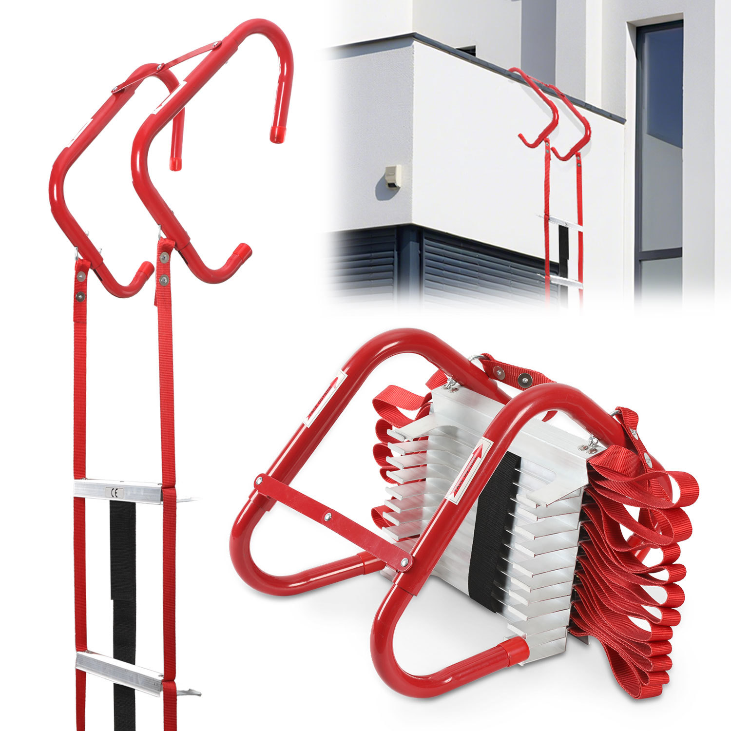 Tolletour Feuerleiter Aluminium-legierung Ausklappbare Rettungsleiter Strickleiter Mit Karabiner, Bis 4,5m, Tragfähigkeit 450kg Rot