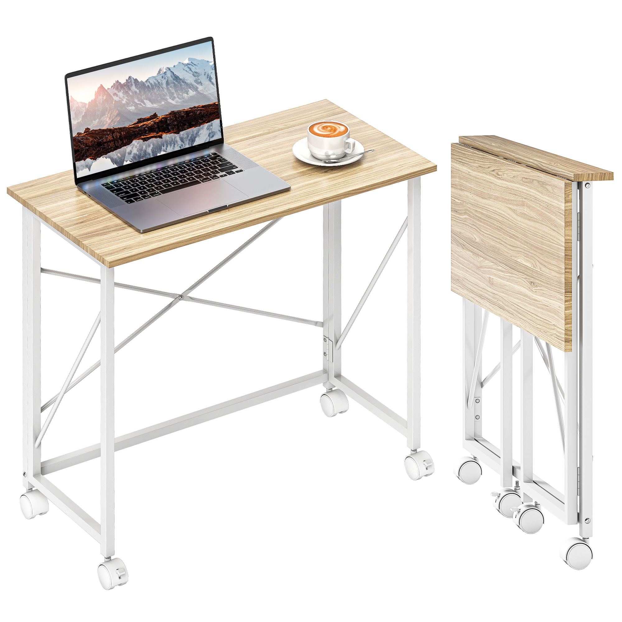 Klappbarer Schreibtisch Mit Rädern, Platzsparend, Stahl, Mdf, Natur