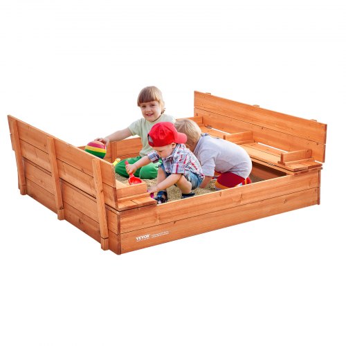 Sandkasten Aus Holz, 132 X 120 X 43 Cm, Sandkasten Mit Klappbaren Sitzbänken Und Bodeneinlage, Sandkasten Aus Naturholz Für Kinder Für Den Garten, Strand, Park, Geschenk Für Jungen Und Mädchen Im Alte