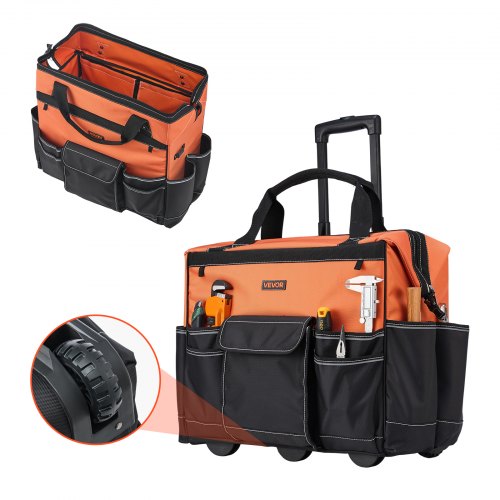 Werkzeugtasche Mit Rollen, 50 Kg Tragkraft, 27 Taschen, Arbeitsrucksack Mit Verstellbarer Teleskopgriff & Stabiler Standfuß, Werkzeugtaschen-organizer Für Bau, Mechanik, 510x310x450 Mm