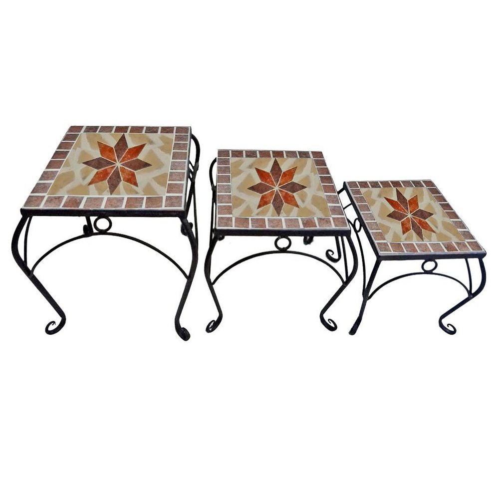 3er Set Hocker Beistelltische Garten Schwarz Bunt Keramik Stahl Mosaik Blumen