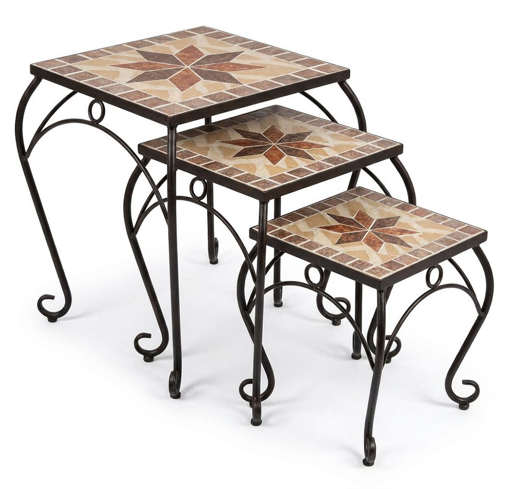 3er Set Hocker Beistelltische Garten Schwarz Bunt Keramik Stahl Mosaik Blumen Bild 3