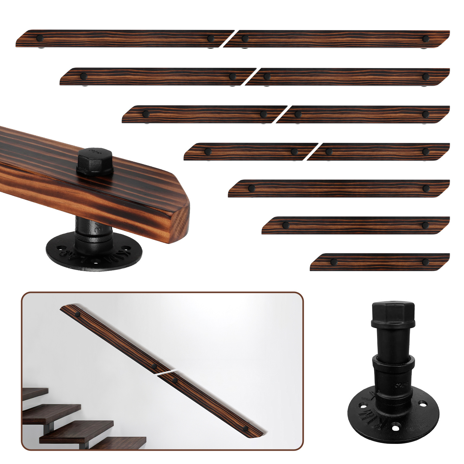 Jiubiaz Wandhandlauf Aus Kiefernholz 60 Cm, Braun Mit Holzmaserung, Treppenhandlauf Mit Eisenhalter, Horizontal Vertikal Schräg Montierbar