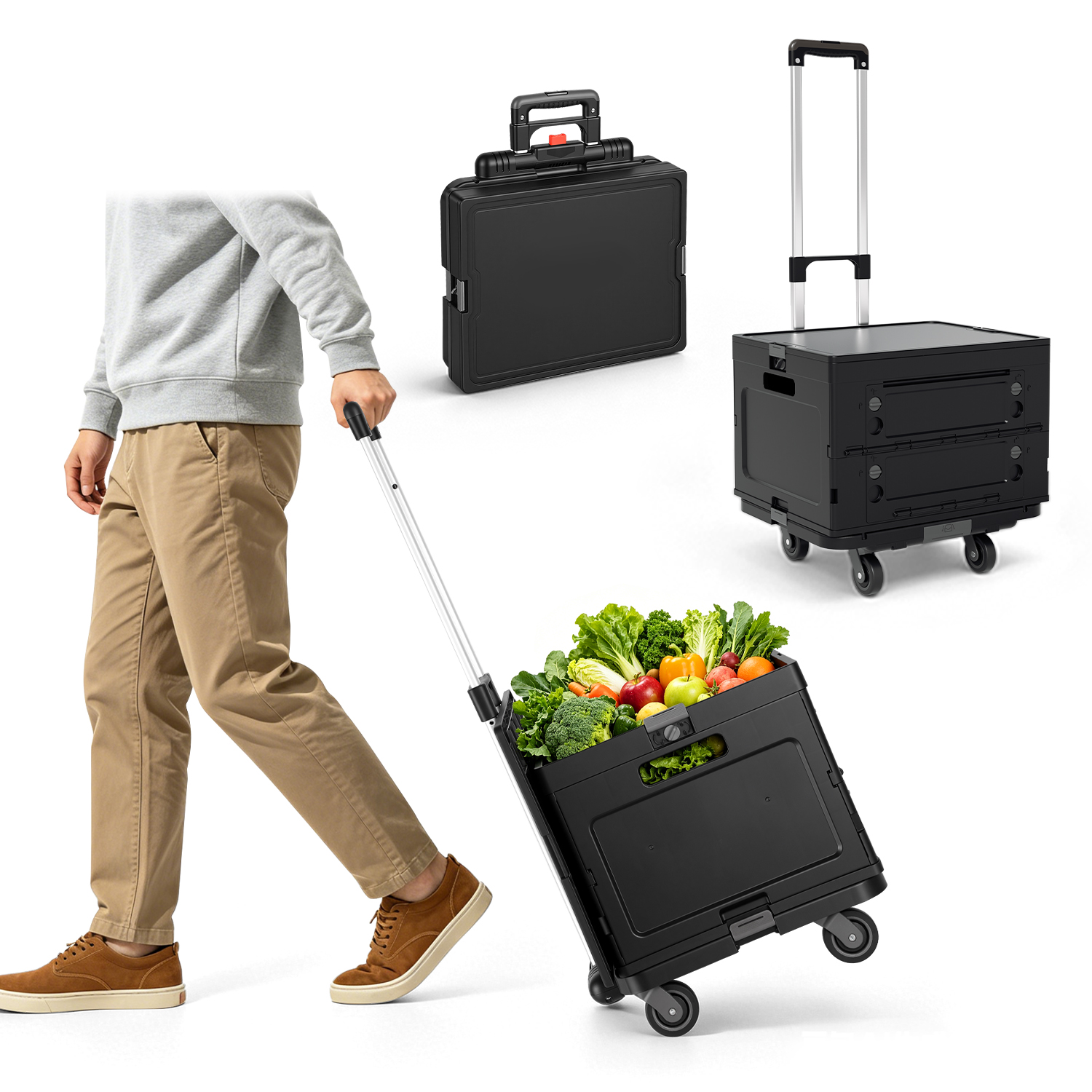 Jiubiaz Einkaufstrolley Klappbar 48l Schwarz 3-in-1 Leise Rollen