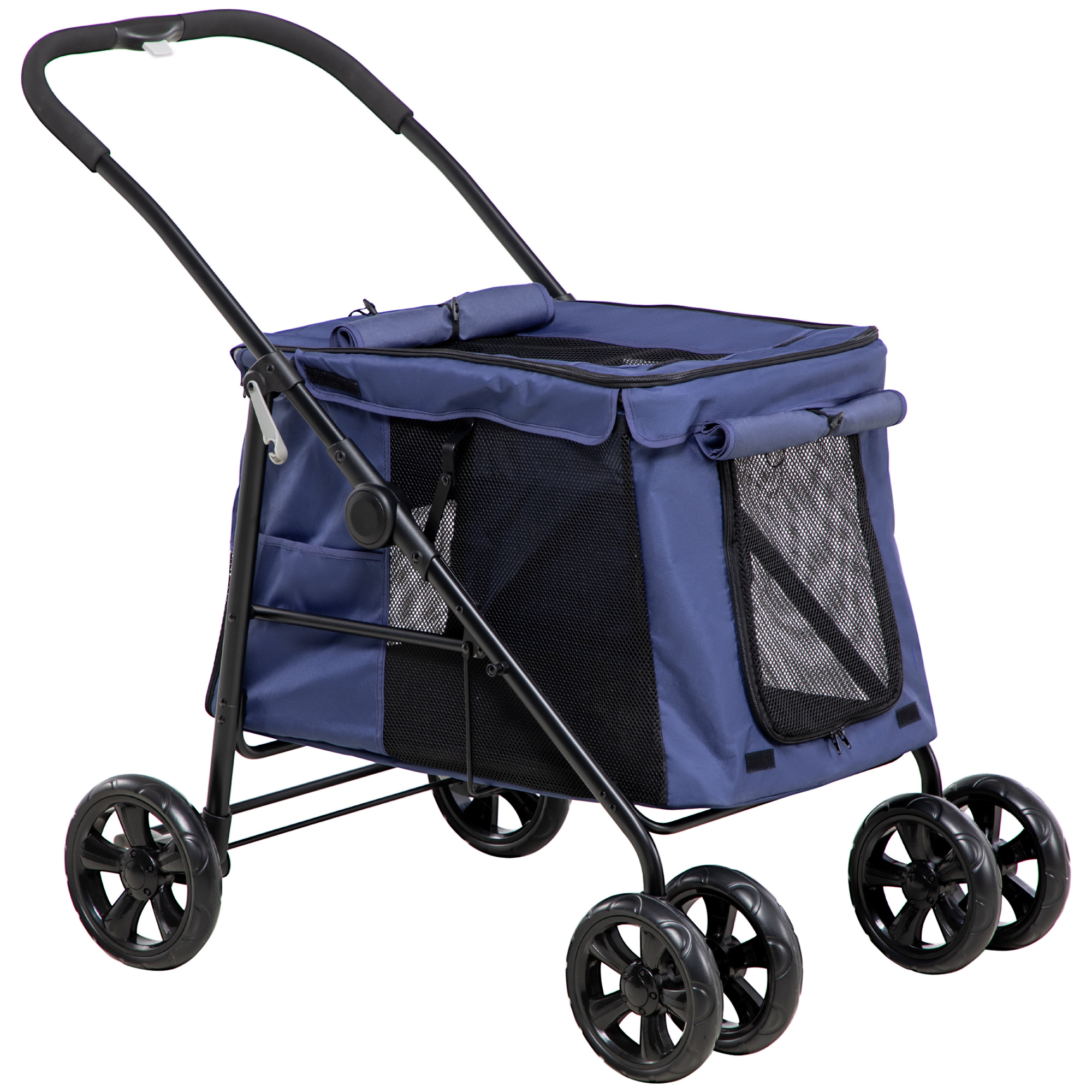 Hundetrolley Inkl. Kissen, 3 Seitentaschen, Klappbar, Hundewagen, 102 Cm X 62 Cm X 105 Cm, Blau