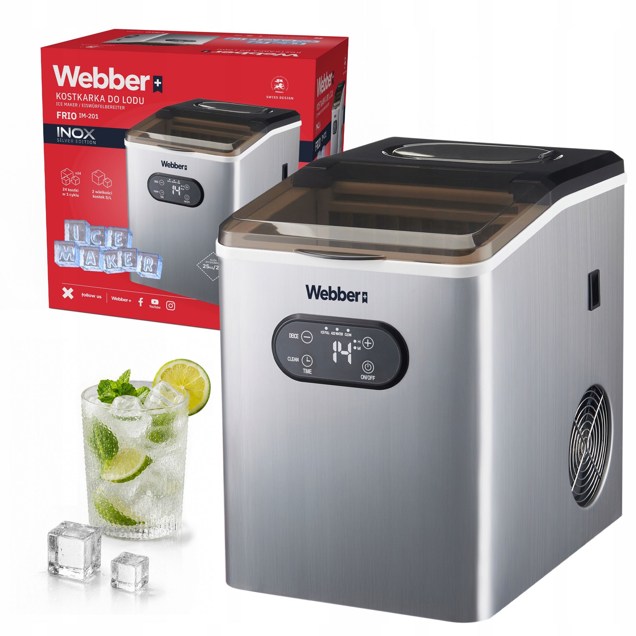 Eiswürfelbereiter Webber Frio Im-201, 25 Kg, Lcd-display, 3 Wassermodi, Edelstahl, 24 Eiswürfel