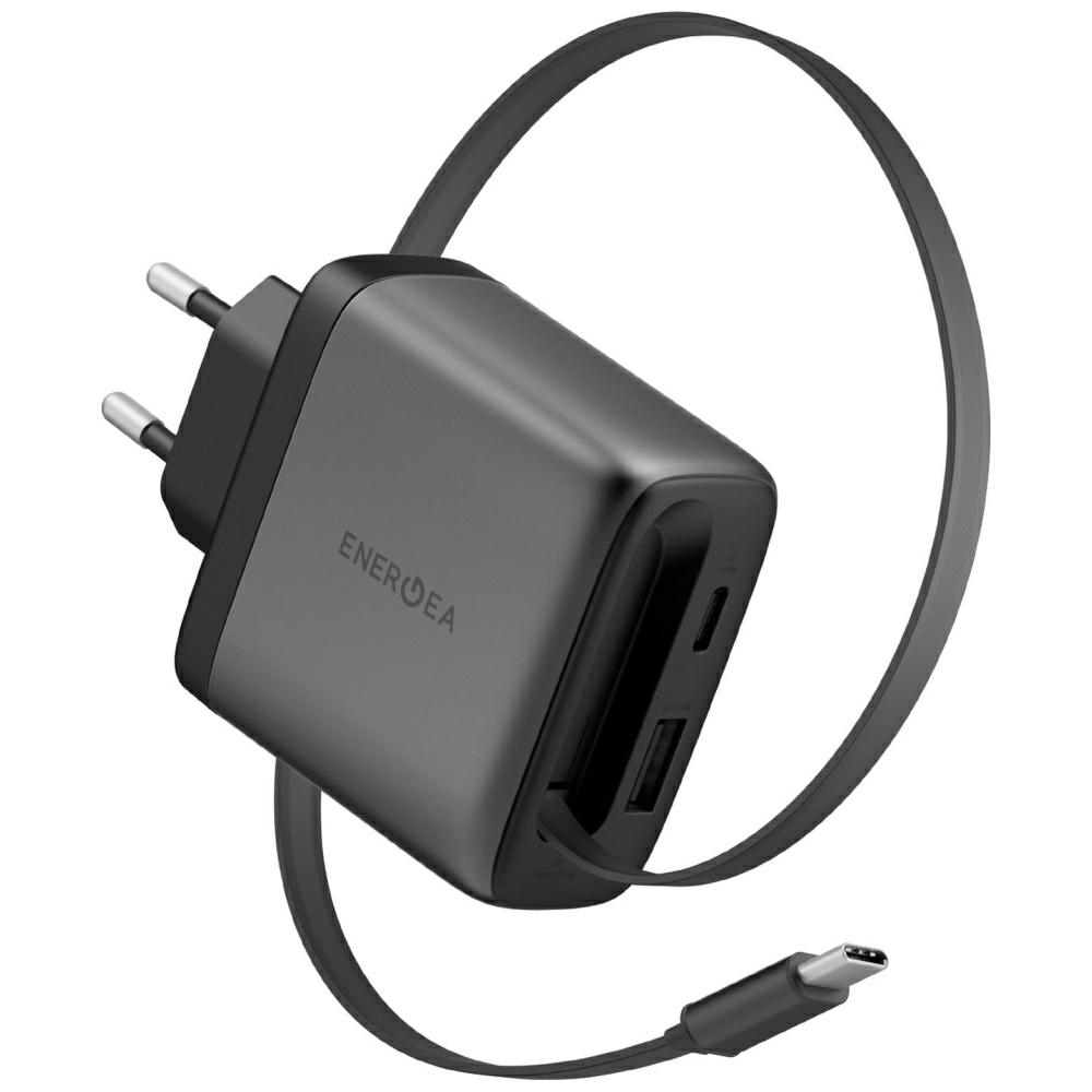 Energea Ampcharge Arc 65 Usb-a/usb-c-wandladegerät + Einziehbares Usb-c Pd/pps/qc3.0 Gan-kabel In Gunmetal-optik
