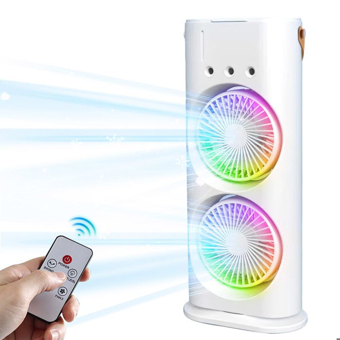 Zweireihiger Ventilator – 3 Geschwindigkeitsstufen + Sprühnebel – Kühlventilator – 120°-oszillation – 7 Farben – Klimaanlage