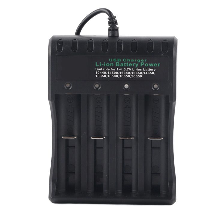 Wiederaufladbares 4,2-v-gleichstrom-ladegerät Mit 4 Steckplätzen Und Usb-kabel, Geeignet Für 3,7-v-lithium-ionen-akkus.