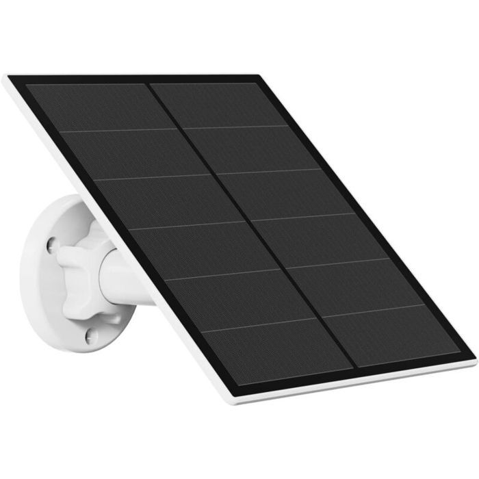 Zur Ausstattung Gehören Ein 5-watt-solarpanel Für Sicherheitskameras, Ein 5-v-usb-anschluss, Ein Wiederaufladbarer Akku, Ein Micro-usb-/usb-c-anschluss Und Ein Verstellbarer Ständer.