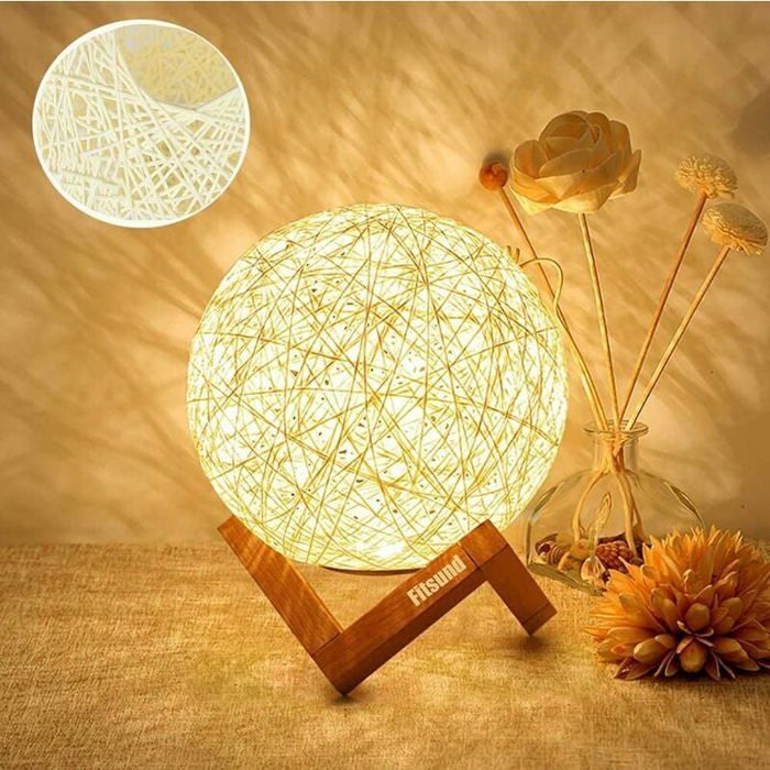 Fitlife Led-nachtlicht, Nachttischlampe, Ambientelicht, Aus Rattanholz, Usb-aufladbar