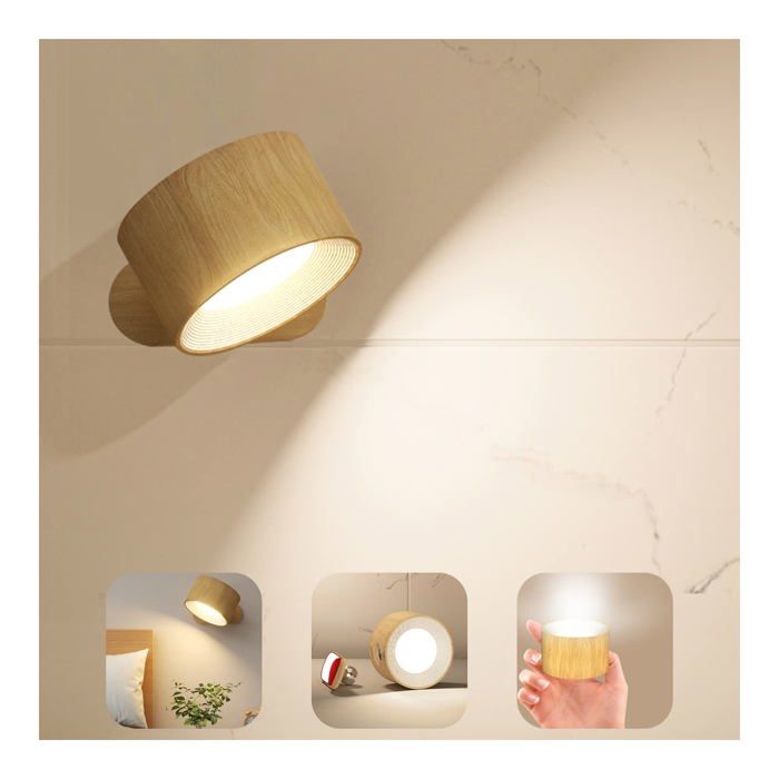Wiederaufladbare Led-wandleuchte – Braune Holzoptik, Touch-bedienung, Usb-c-anschluss, 3 Farbtemperaturen, 3 Helligkeitsstufen, 360°-drehung